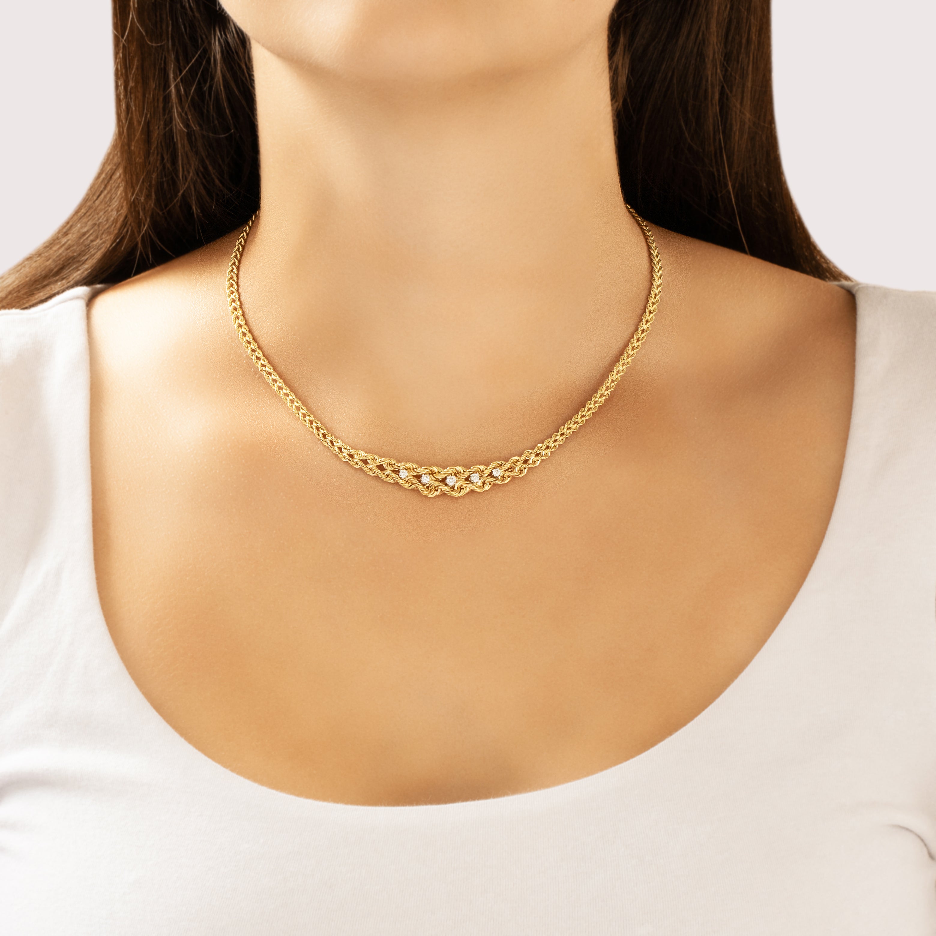 Vintage 14k Yellow Gold Diamond Spectacular Woven Rope Necklace - On model view