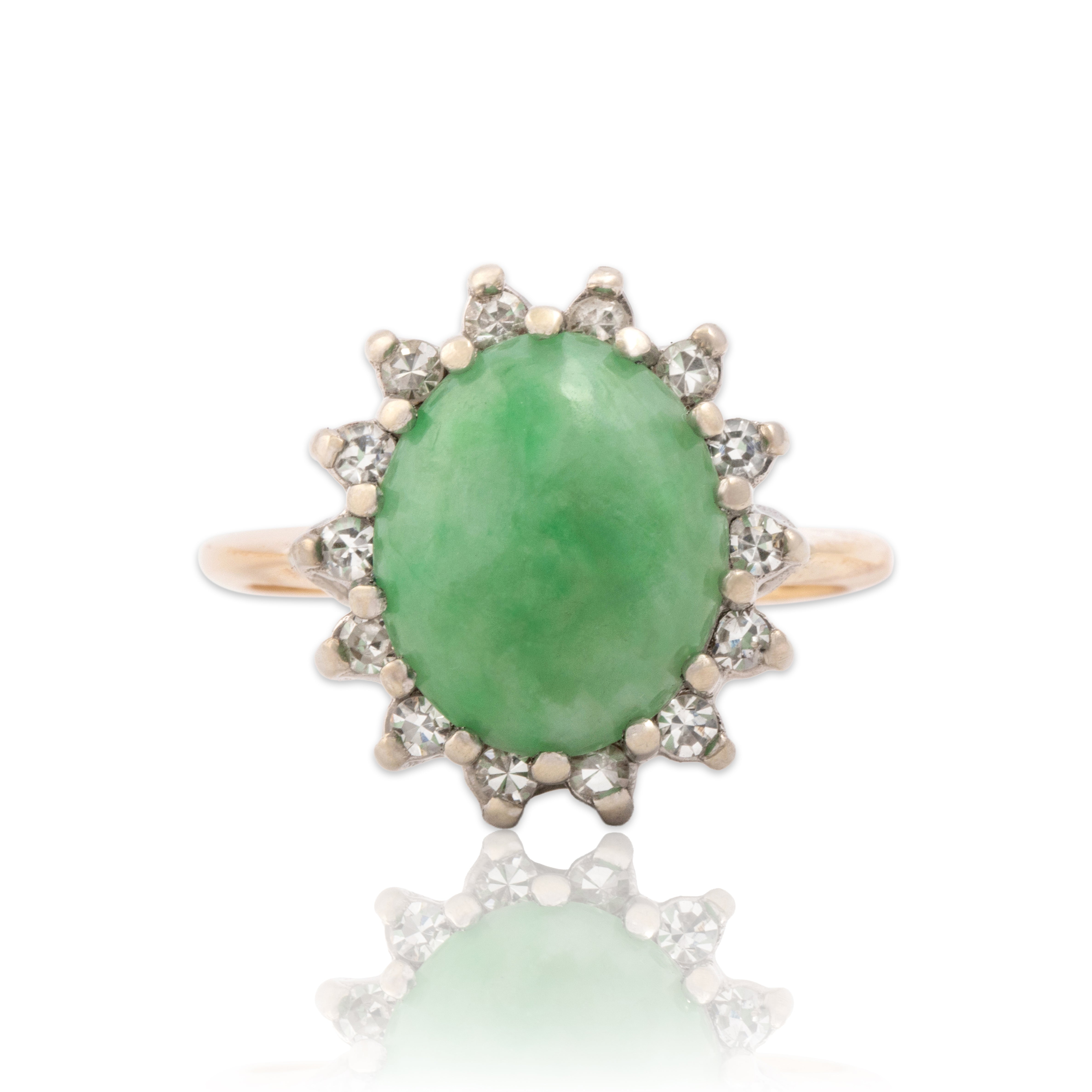 Vintage 14k Yellow & White Gold 4.01ct Jade Diamond Chic Stately Halo Ring - Close-up view