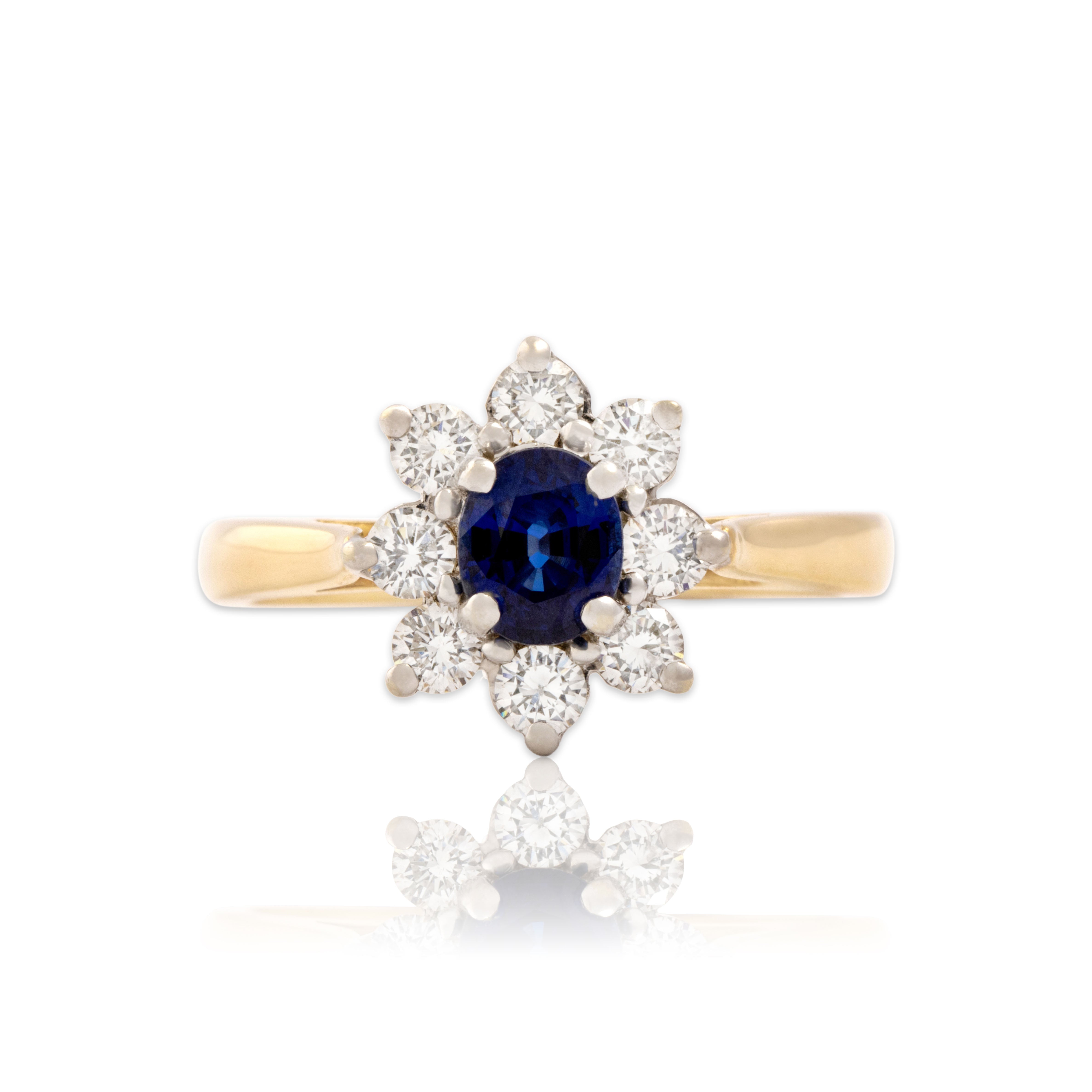 Vintage 14k Yellow Gold .92ct Blue Sapphire .68cttw Diamond Stellar Halo Ring 9.00