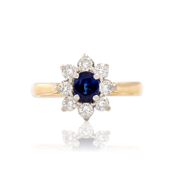 Vintage 14k Yellow Gold .92ct Blue Sapphire .68cttw Diamond Stellar Halo Ring 9.00