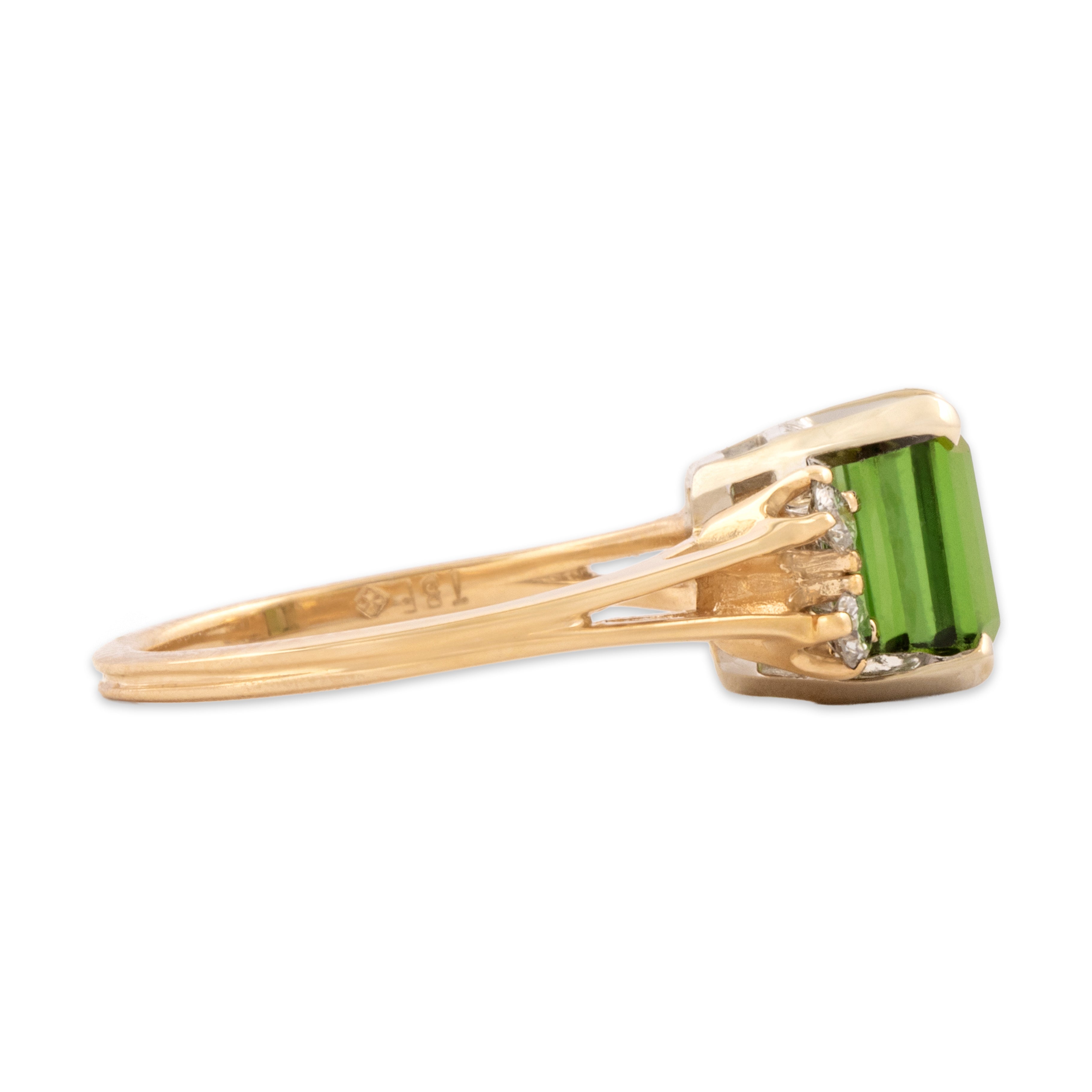 Vintage 14k Yellow & White Gold 2.06ct Green Tourmaline Diamond Flashing Forest Split-Shoulder Cluster Ring - Side view