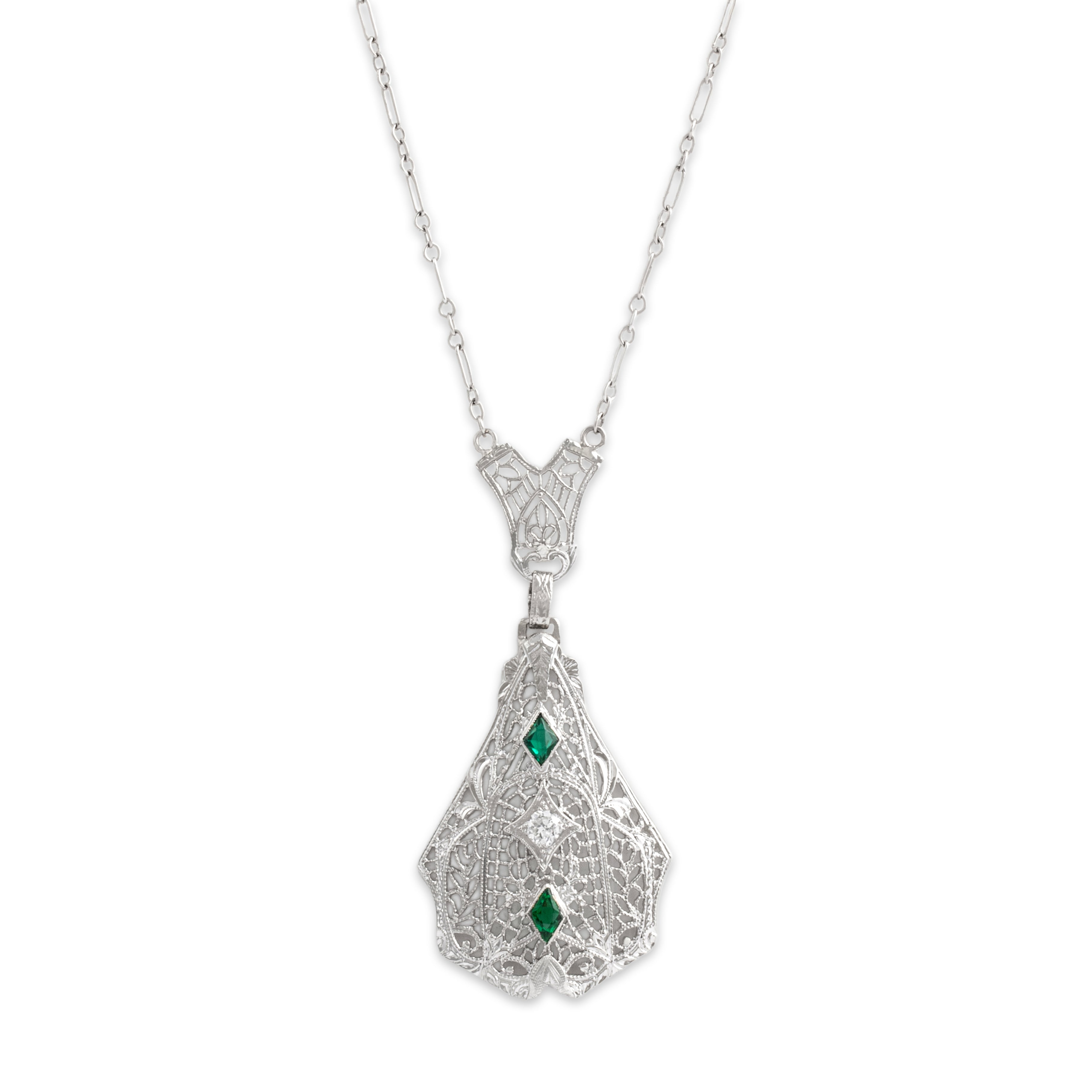 Vintage 14k Yellow Gold Diamond Green Glass Necklace - detail view #2