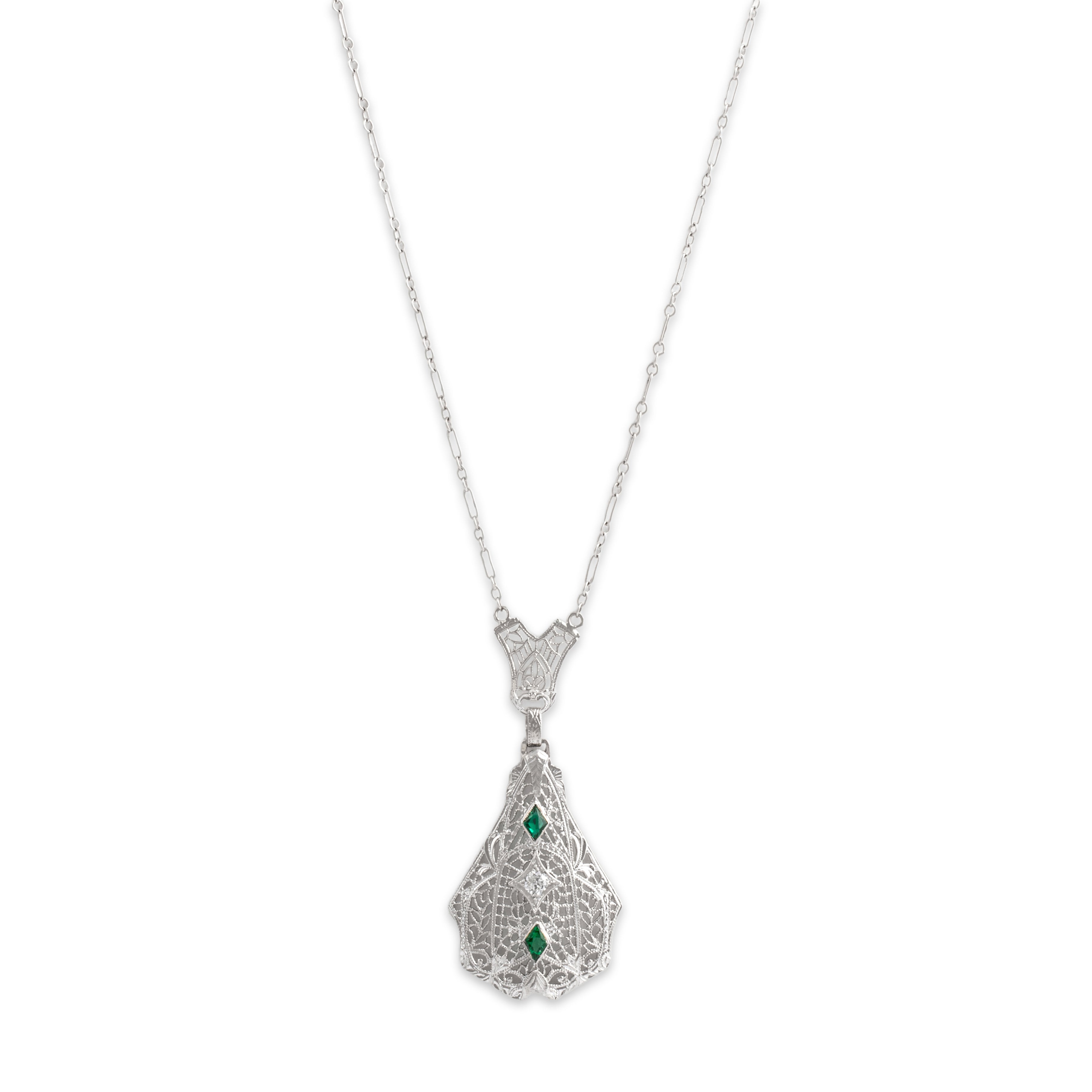 Vintage 14k Yellow Gold Diamond Green Glass Necklace - detail view #1