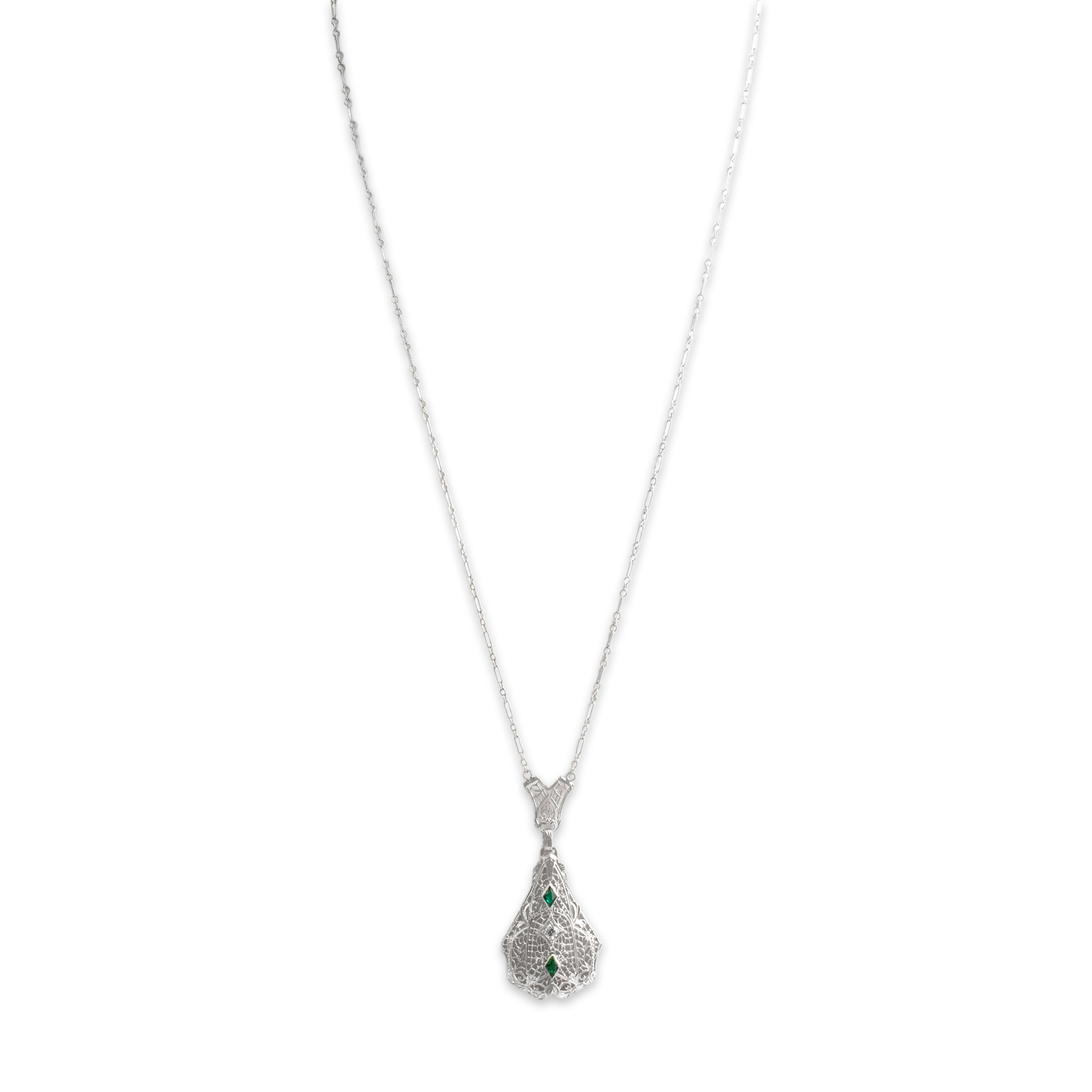Vintage 14k Yellow Gold Diamond Green Glass Necklace - Close-up view