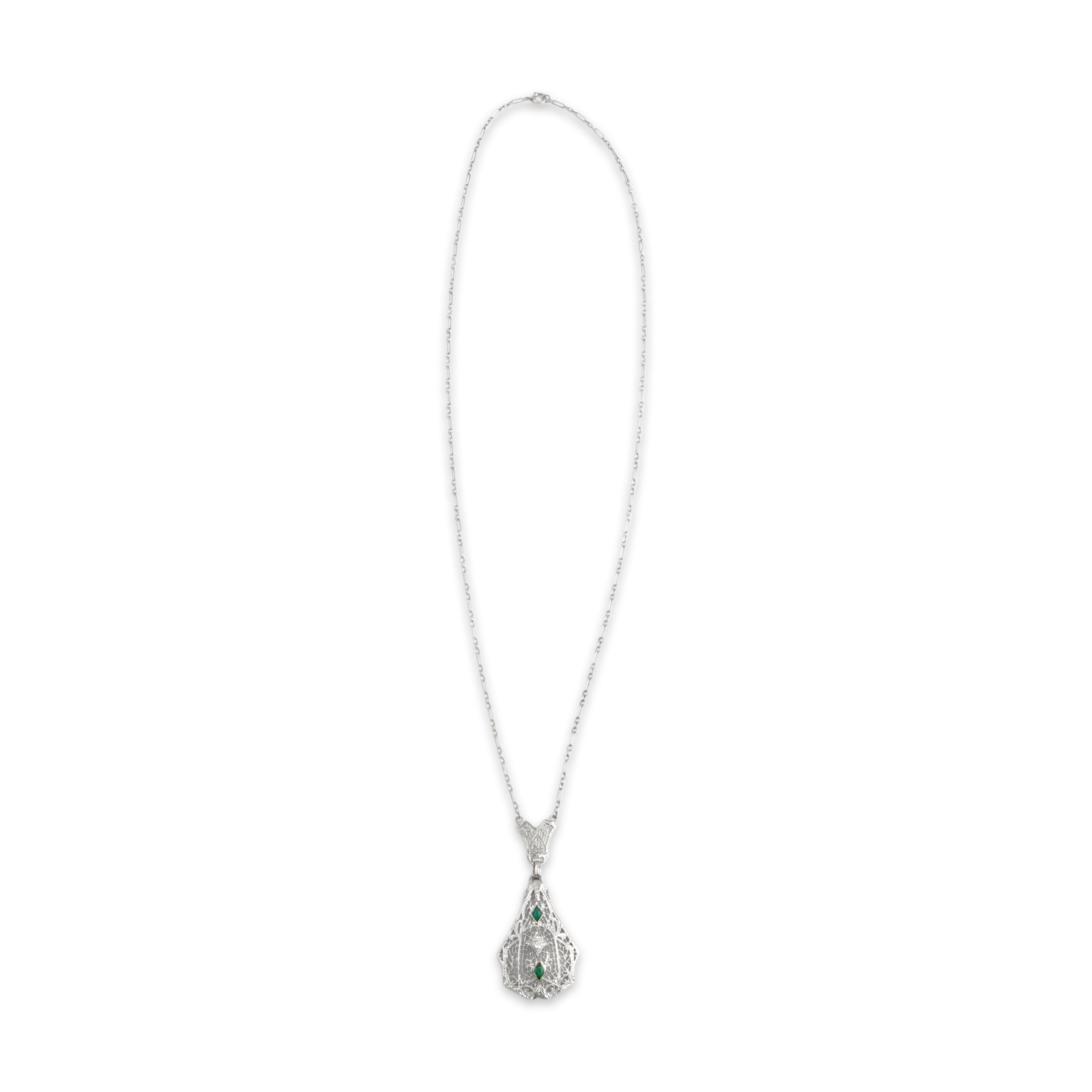 Vintage 14k Yellow Gold Diamond Green Glass Necklace - Overall view
