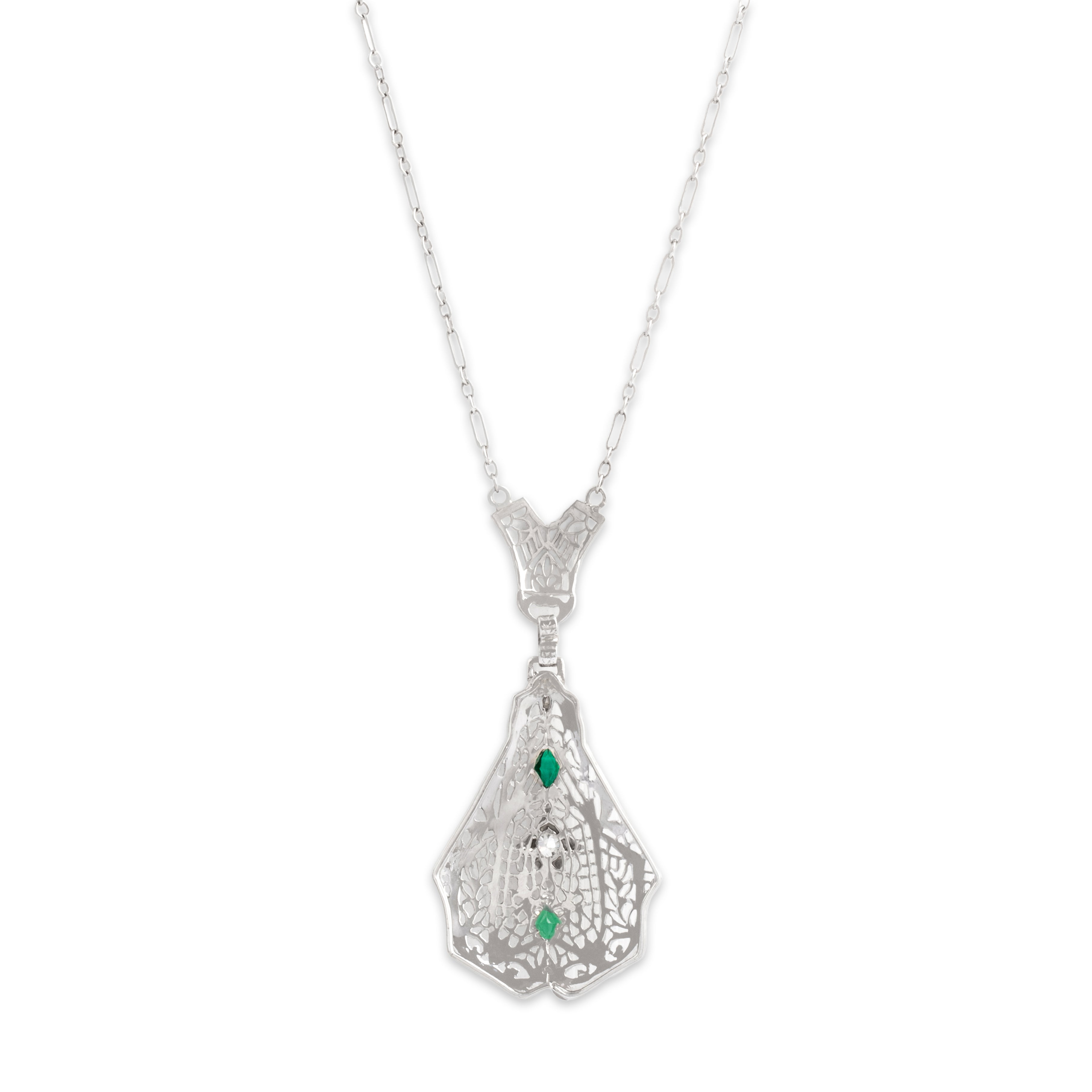 Vintage 14k Yellow Gold Diamond Green Glass Necklace - Back view