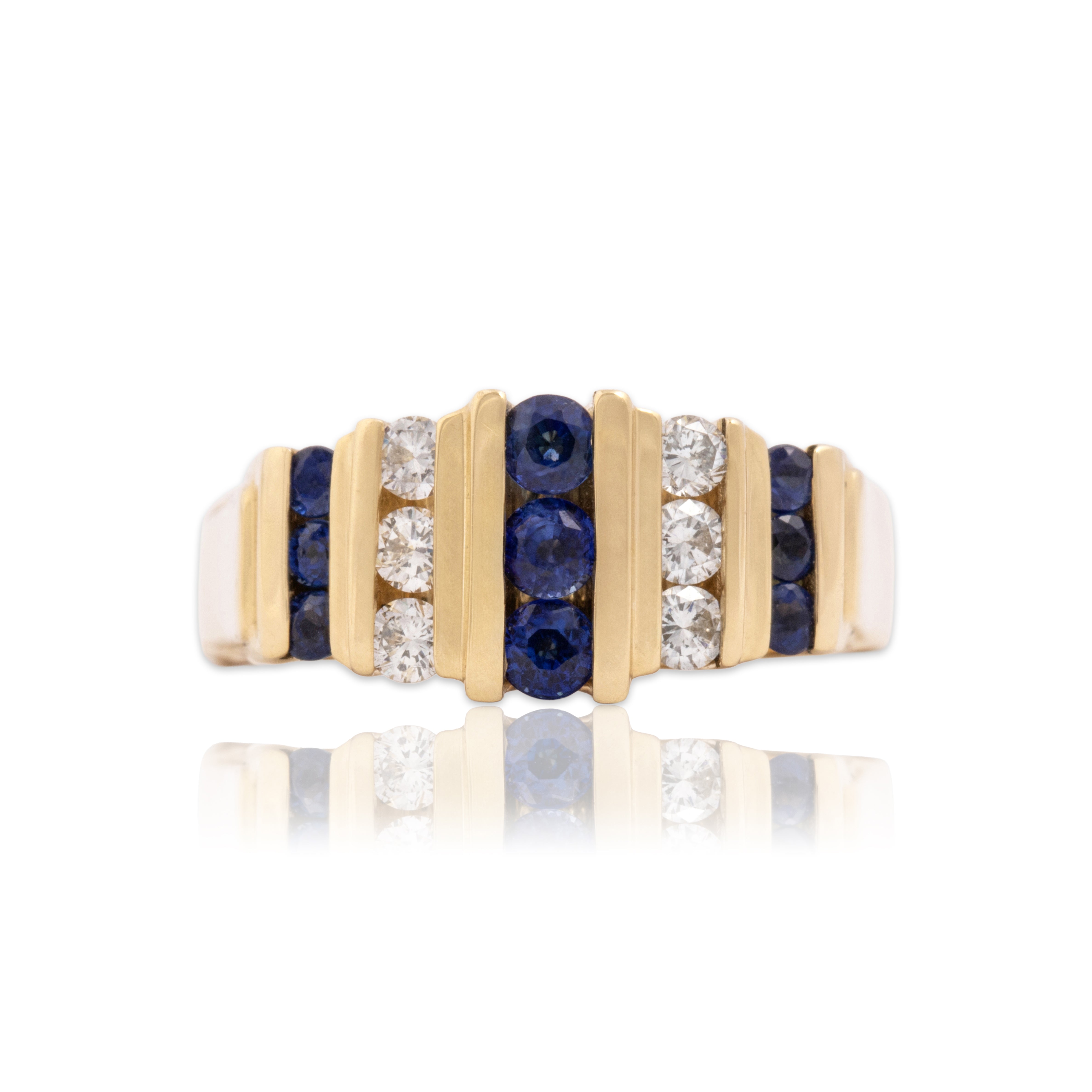 Vintage 14k Yellow Gold .56cttw Blue Sapphire Diamond Geometric Channel Ring - Close-up view