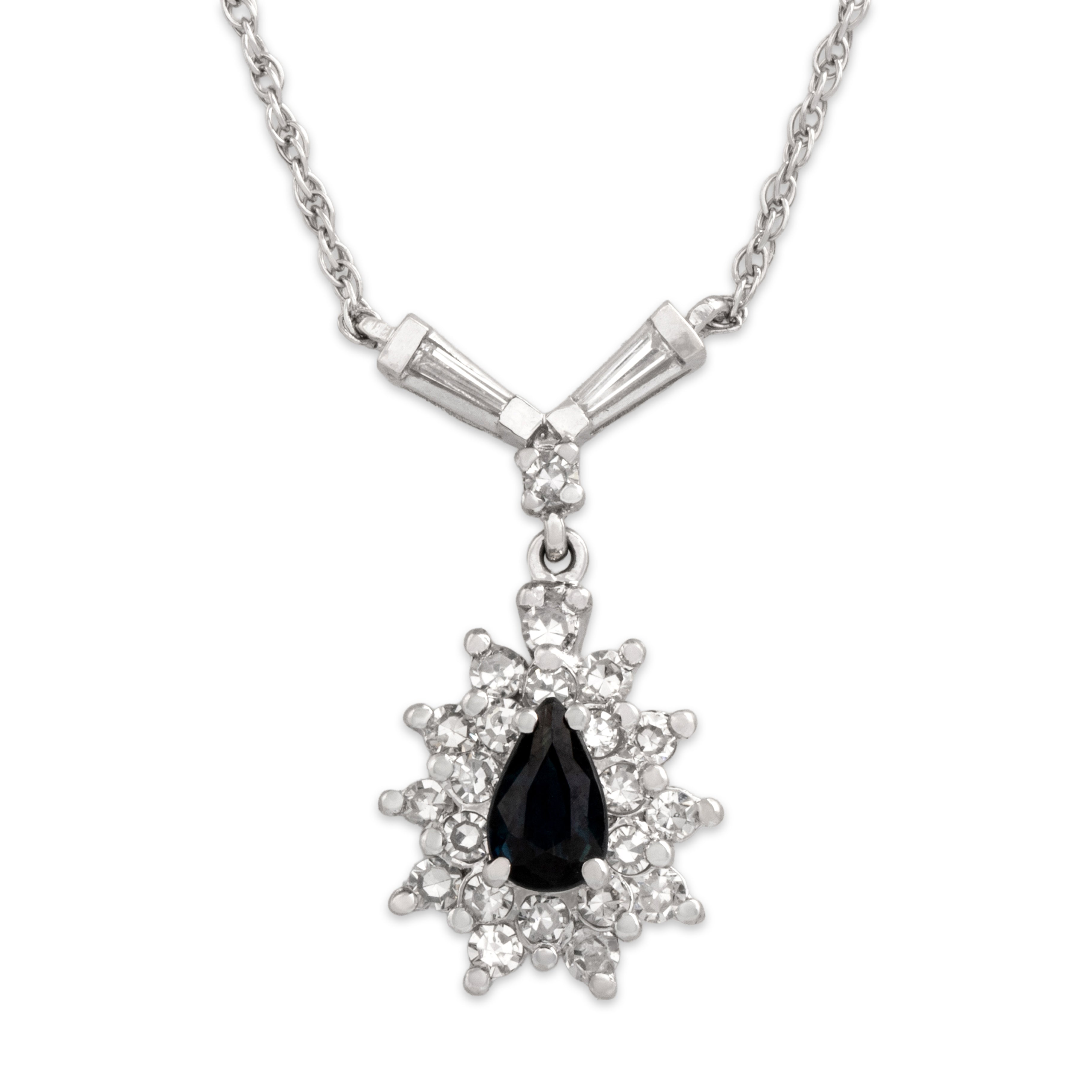 Vintage 14k White Gold Diamond Blue Sapphire Gleaming Teardrop Halo Necklace - detail view #2
