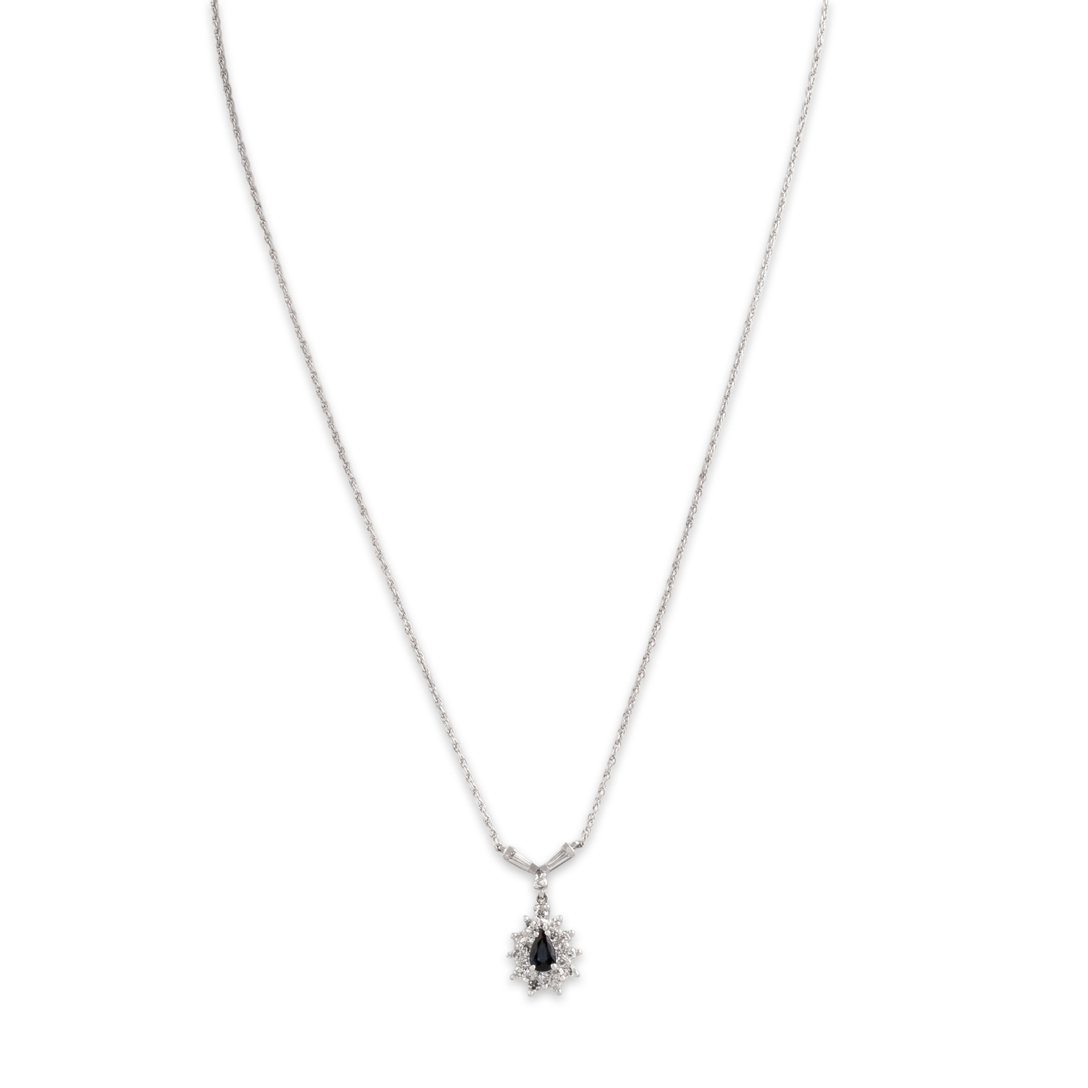 Vintage 14k White Gold Diamond Blue Sapphire Gleaming Teardrop Halo Necklace - detail view #1