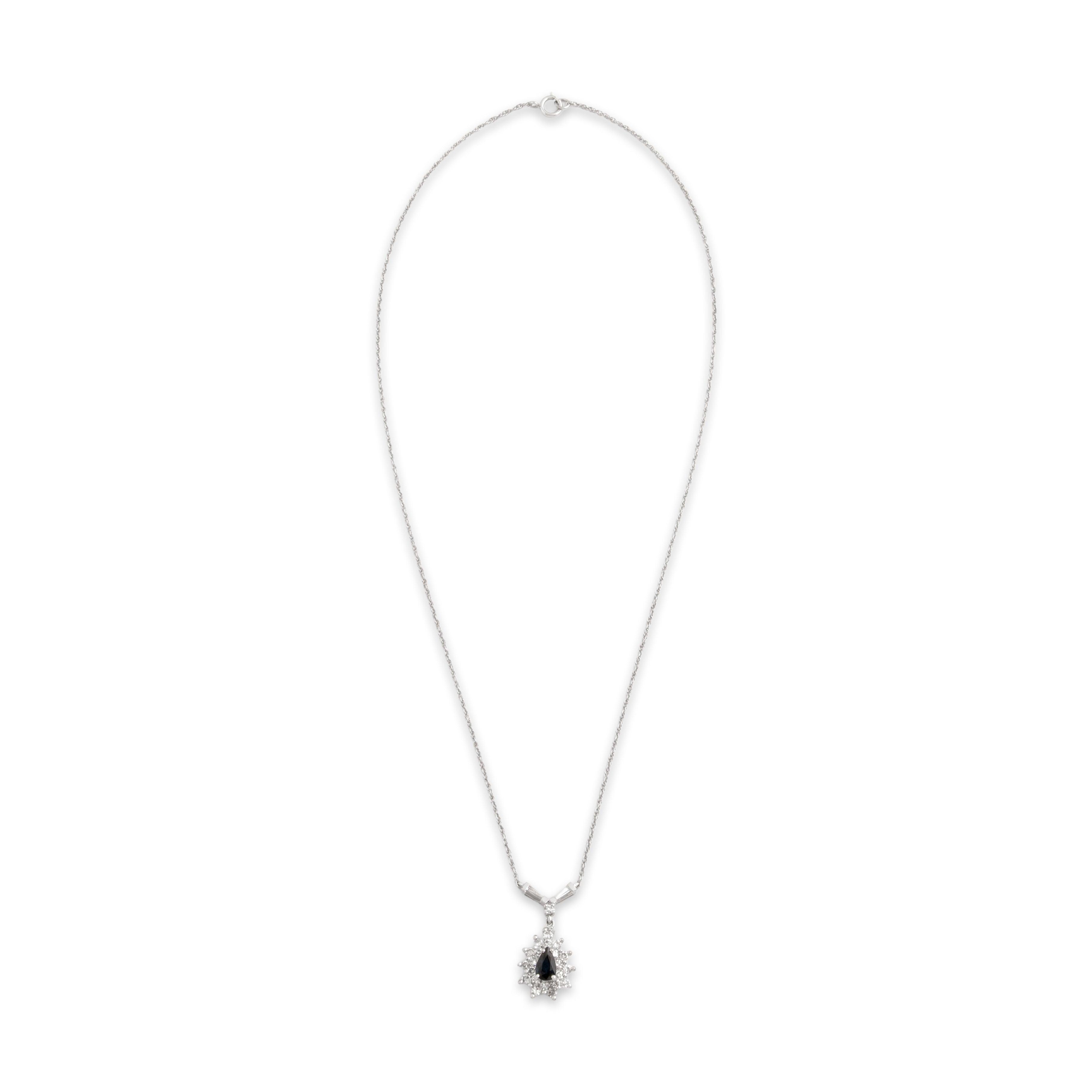 Vintage 14k White Gold Diamond Blue Sapphire Gleaming Teardrop Halo Necklace - Overall view