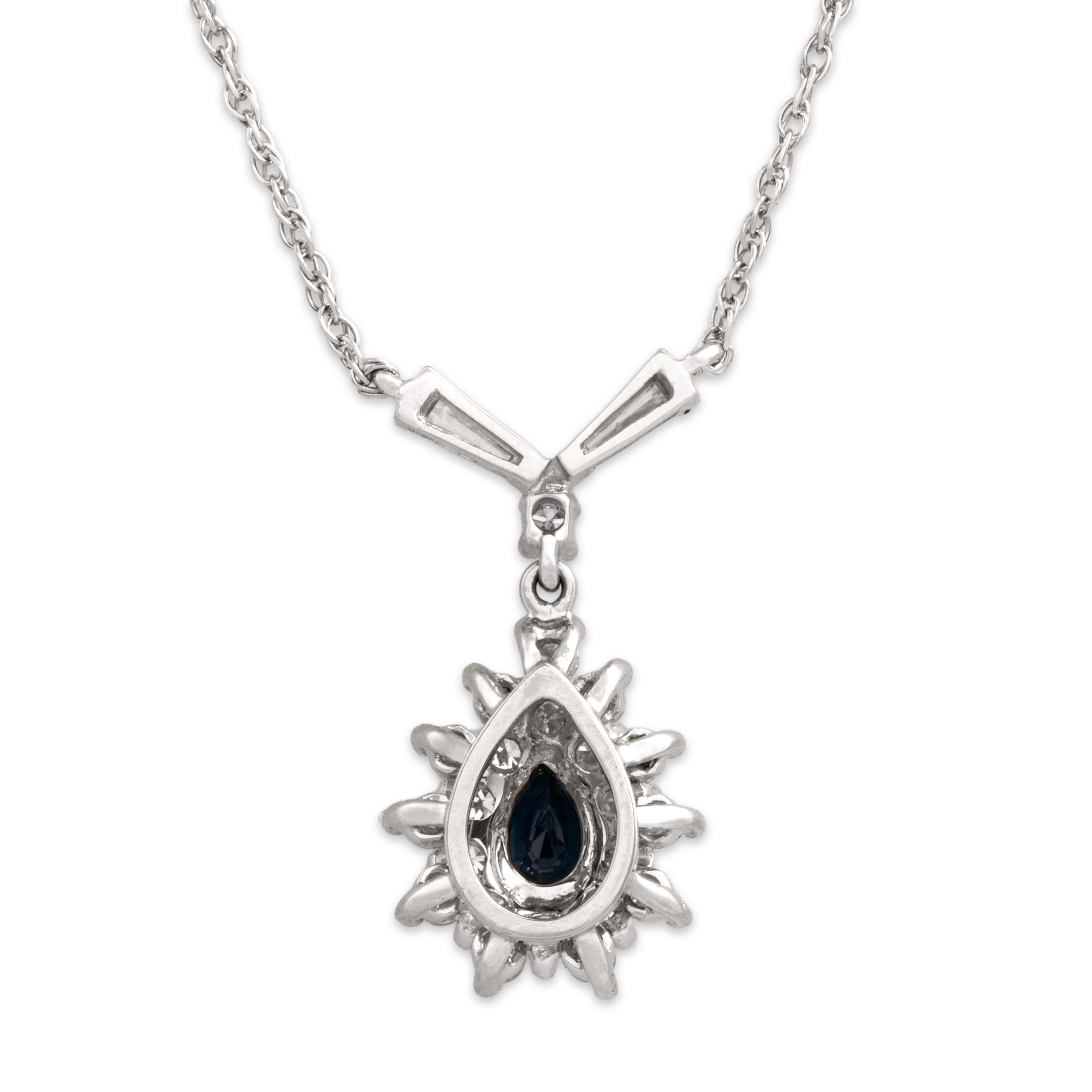 Vintage 14k White Gold Diamond Blue Sapphire Gleaming Teardrop Halo Necklace - Back view