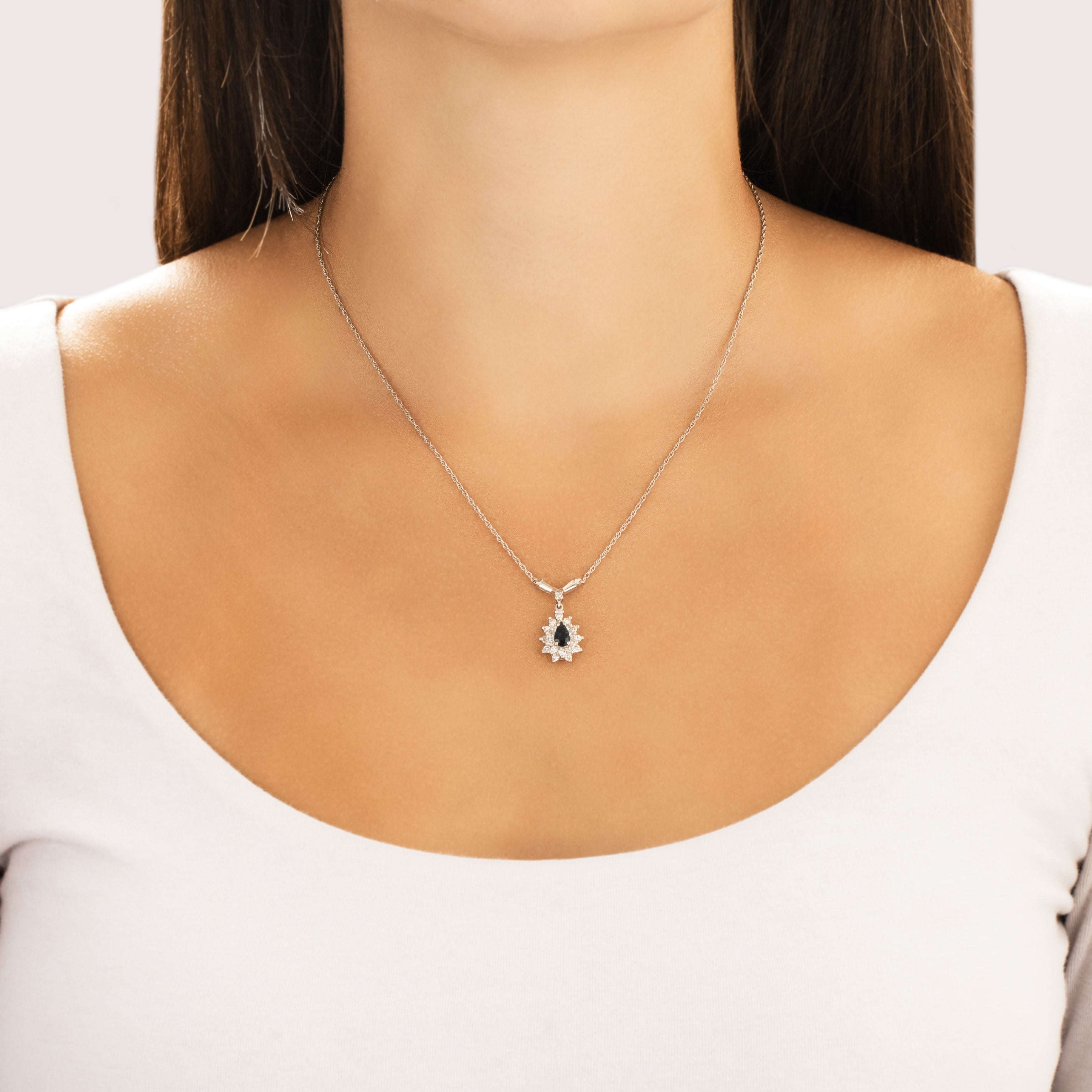 Vintage 14k White Gold Diamond Blue Sapphire Gleaming Teardrop Halo Necklace - On model view