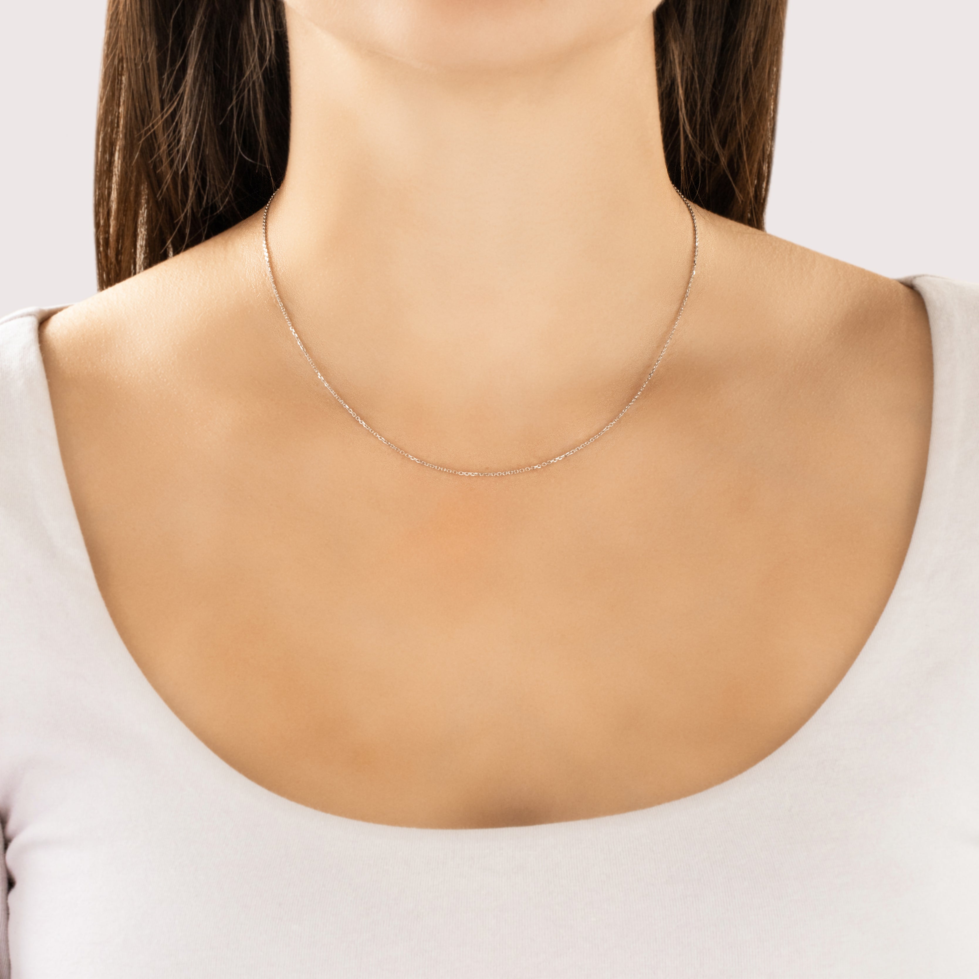 Vintage 14k White Gold Delicate Flat Cable 1mm Chain - On model view