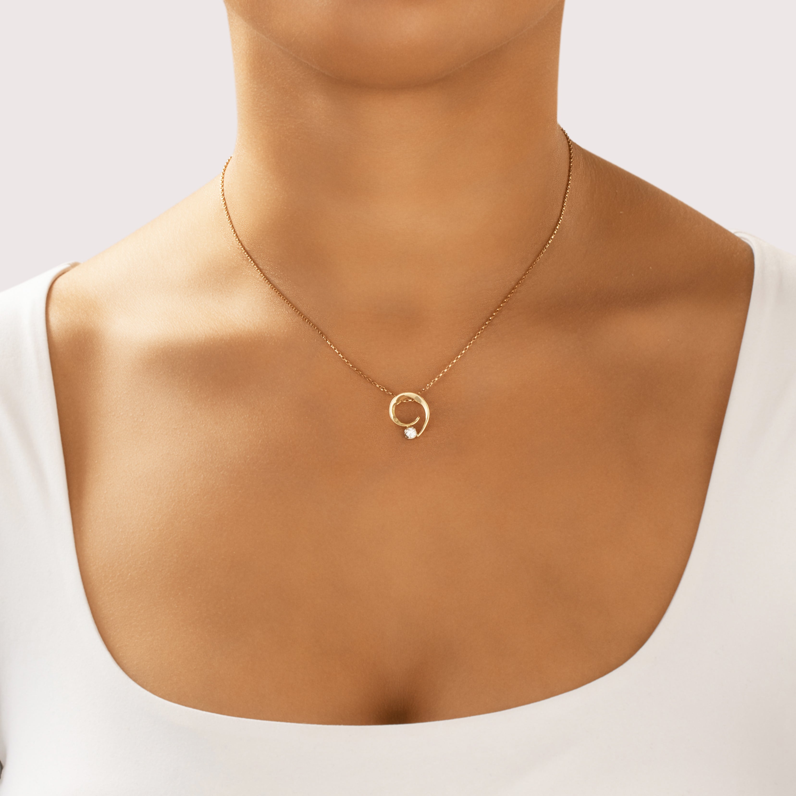 Vintage 14k Yellow Gold .17ct Diamond Gleaming Swirl Slide Pendant - On model view