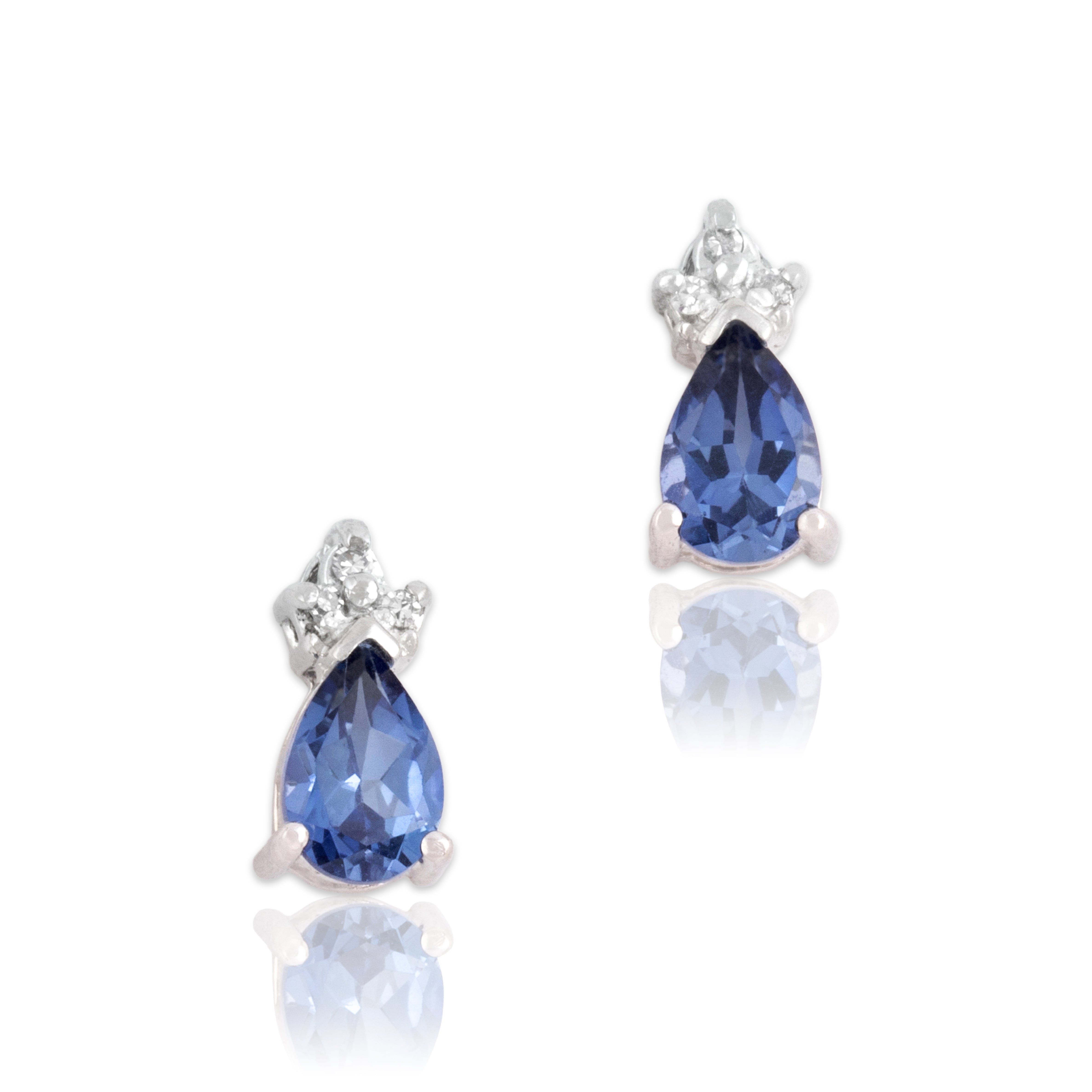 Vintage Small 14k White Gold .98cttw Violet Blue Synthetic Sapphire Natural Diamond Accented Pear Stud Earrings - Close-up view