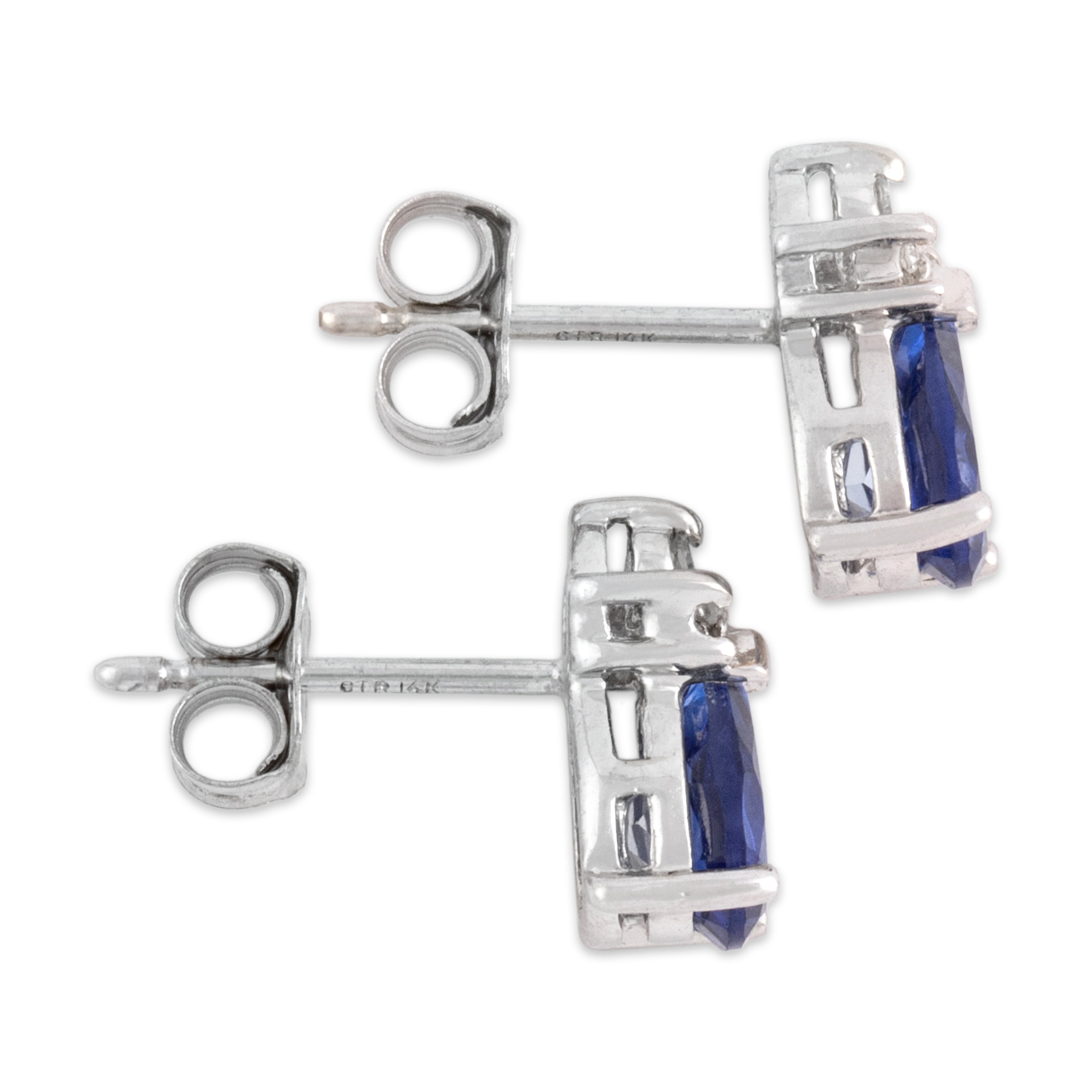 Vintage Small 14k White Gold .98cttw Violet Blue Synthetic Sapphire Natural Diamond Accented Pear Stud Earrings - Side view