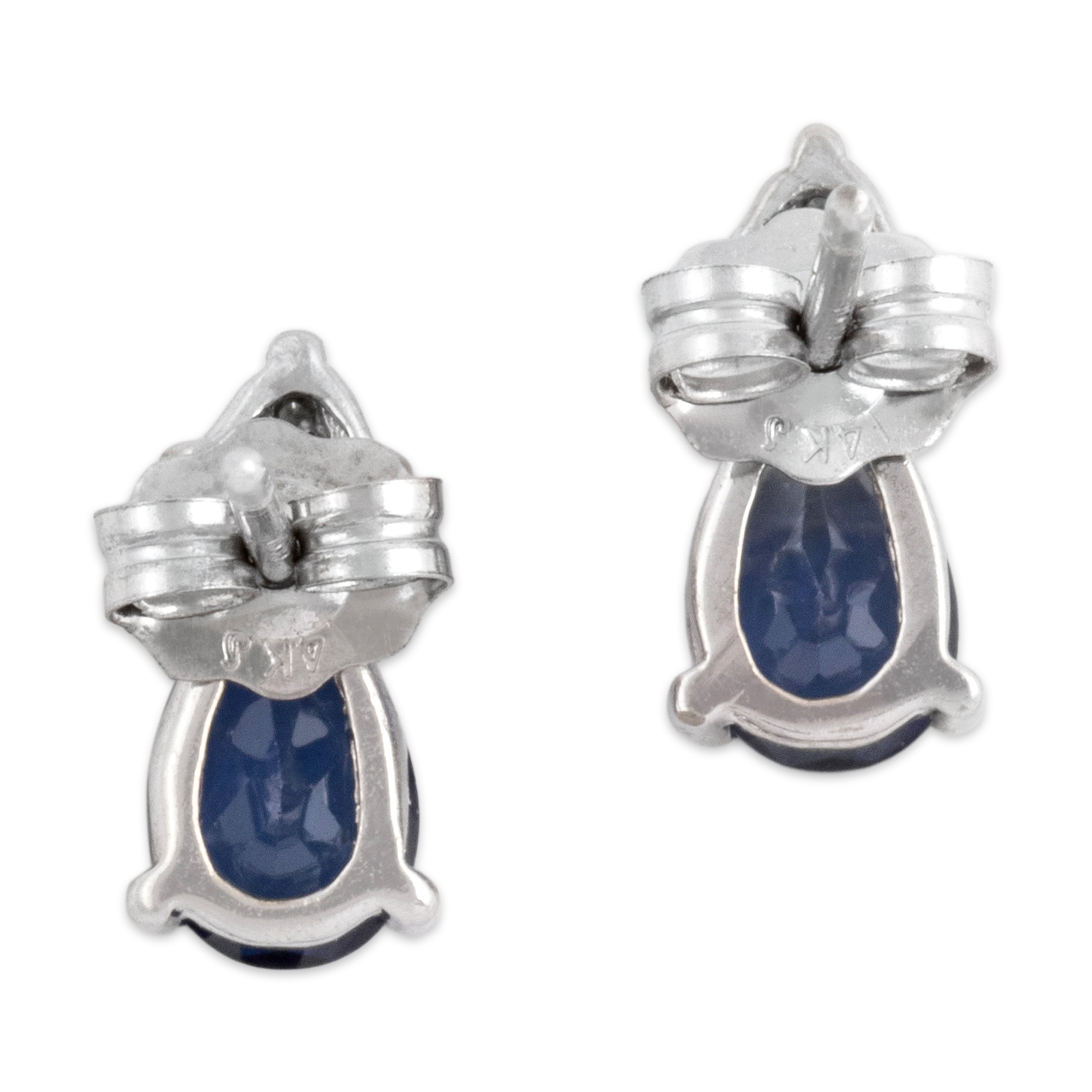 Vintage Small 14k White Gold .98cttw Violet Blue Synthetic Sapphire Natural Diamond Accented Pear Stud Earrings - Back view