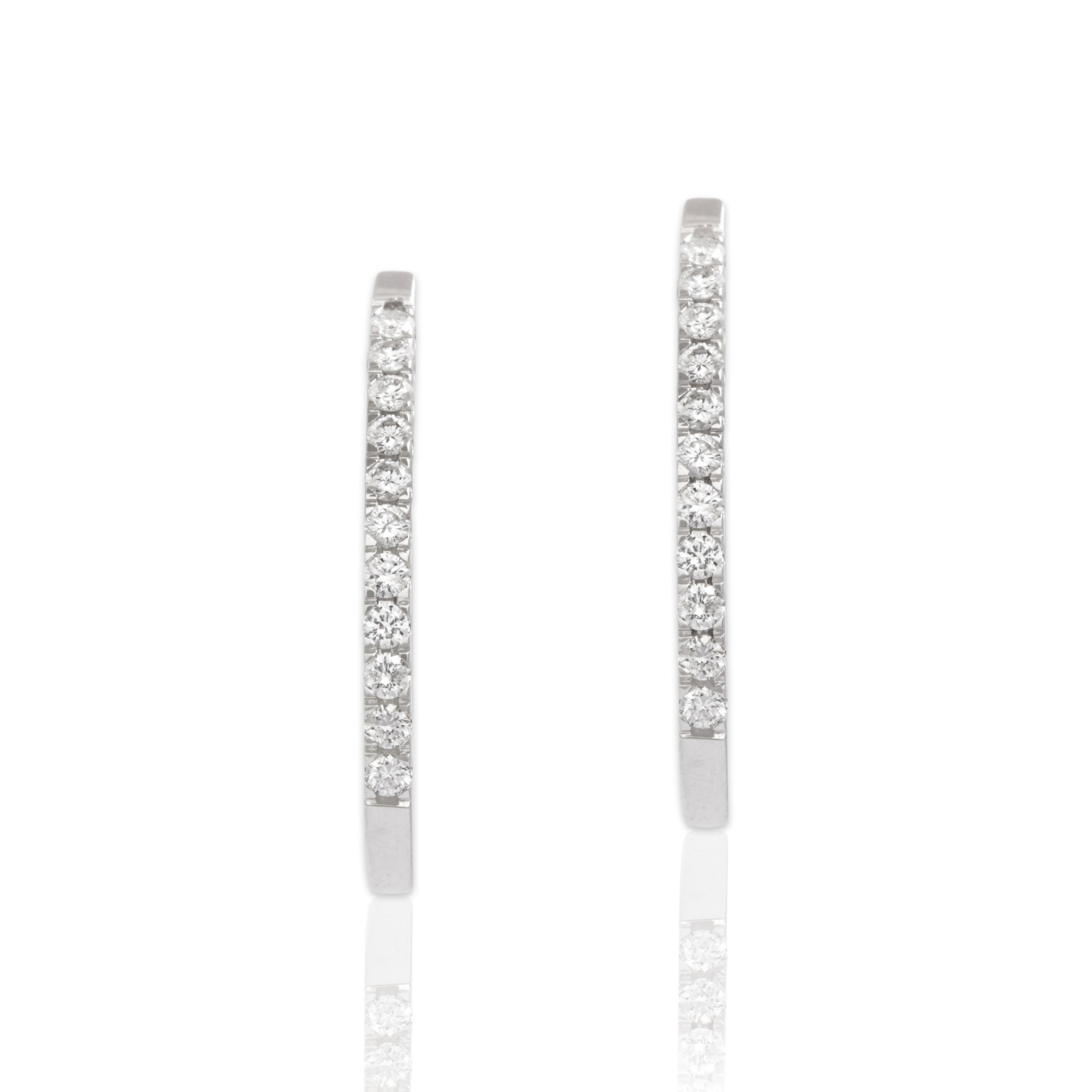 Vintage 14k White Gold Diamond Chic Oblong Line Hoop Earrings - Close-up view