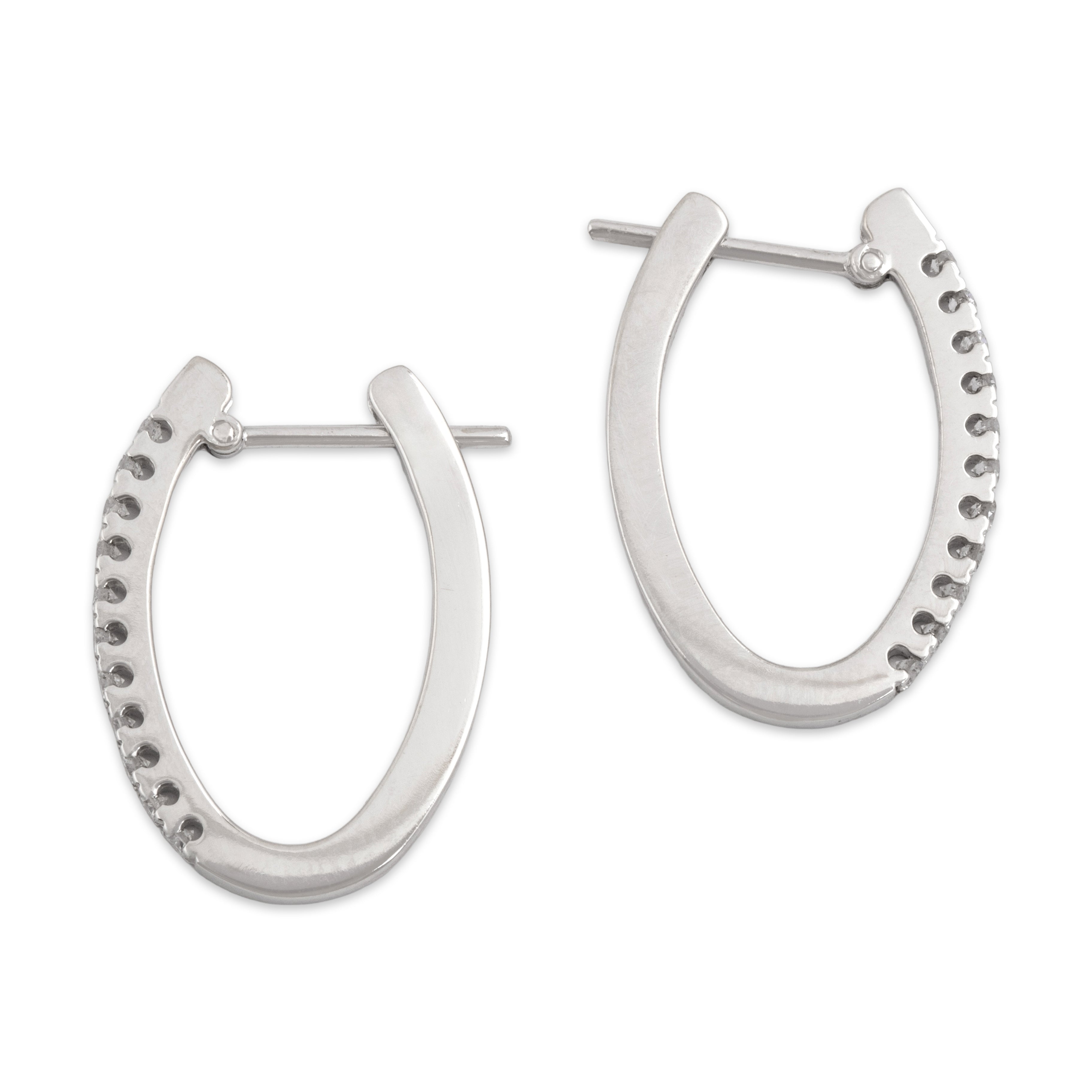 Vintage 14k White Gold Diamond Chic Oblong Line Hoop Earrings - Side view