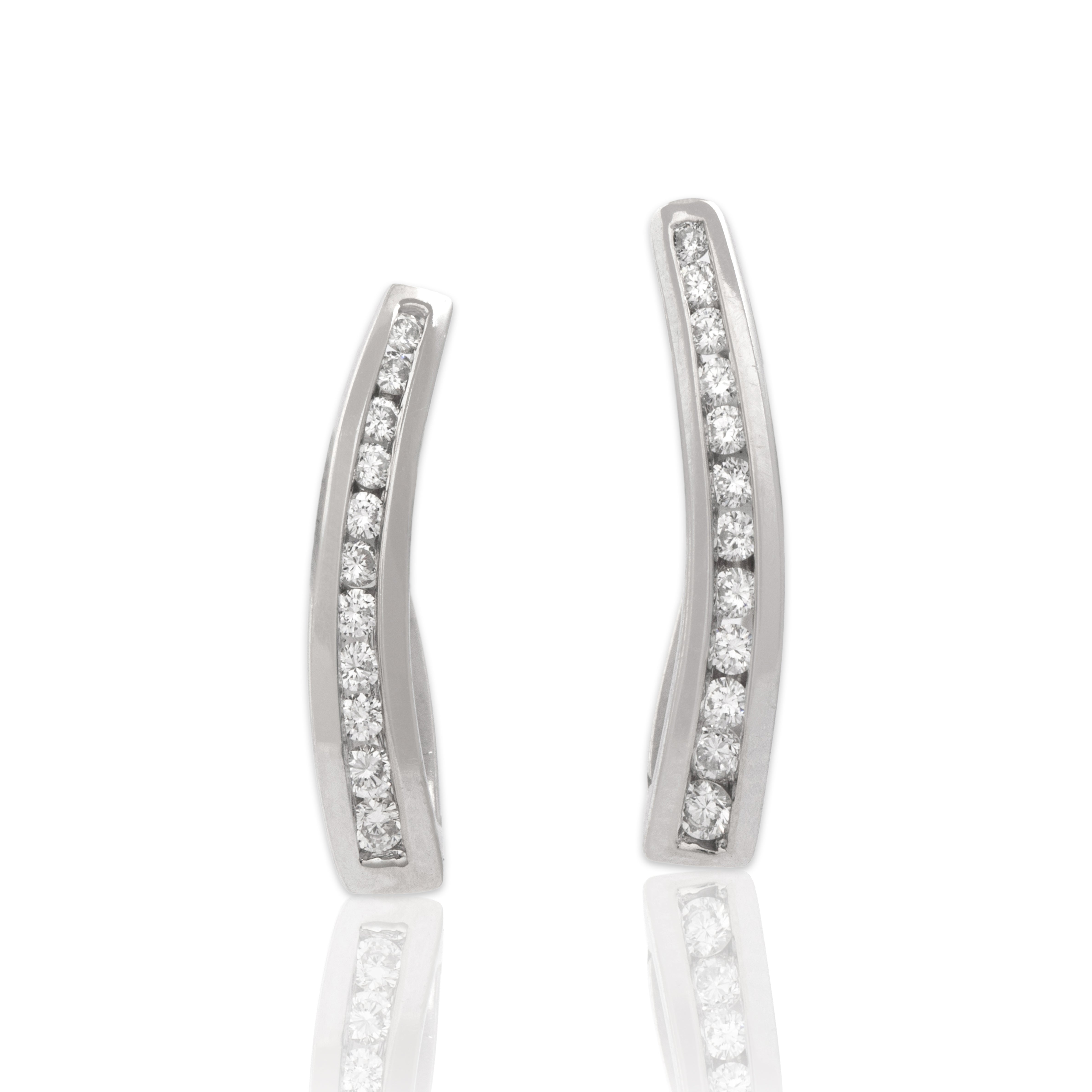 Vintage 14k White Gold Diamond Chic Inside-Out Curve Hoop Earrings - Close-up view