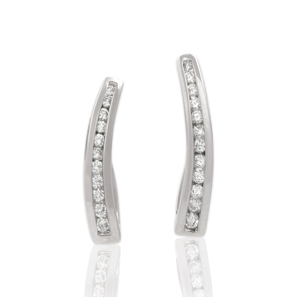 Vintage 14k White Gold Diamond Chic Curved Channel Hoop Earrings