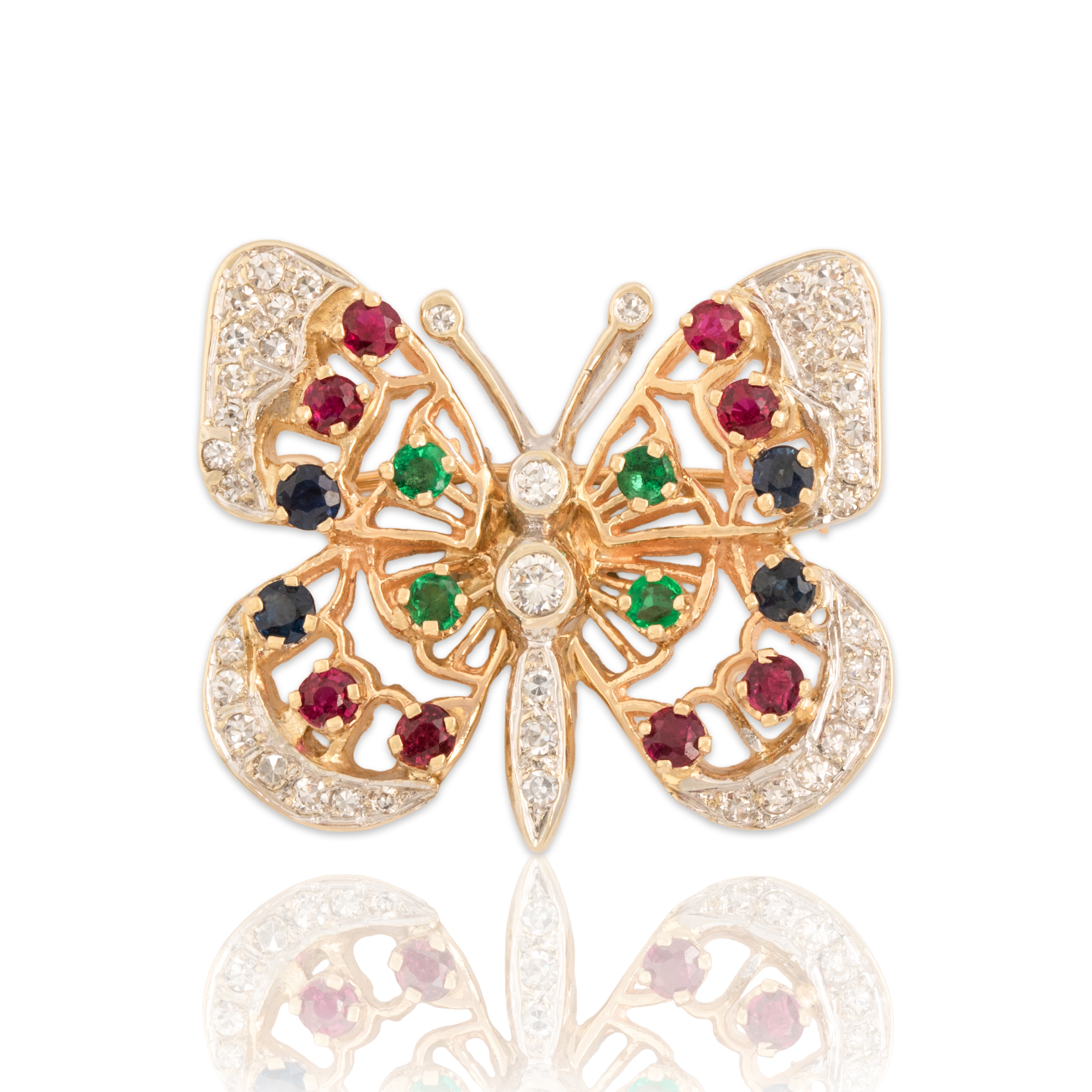 Vintage 14k Yellow & White Gold Ruby Diamond Blue Sapphire Emerald Spectacular Fluttering Butterfly Pin / Pendant - Close-up view