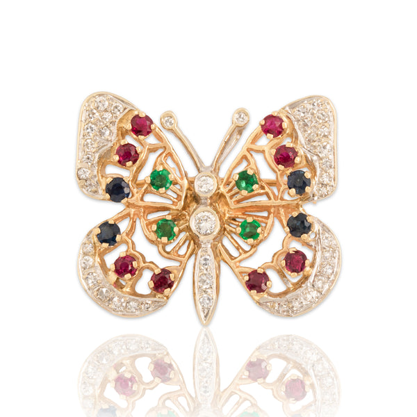 Vintage 14k Yellow & White Gold Multi-Stone Spectacular Butterfly Pin / Pendant