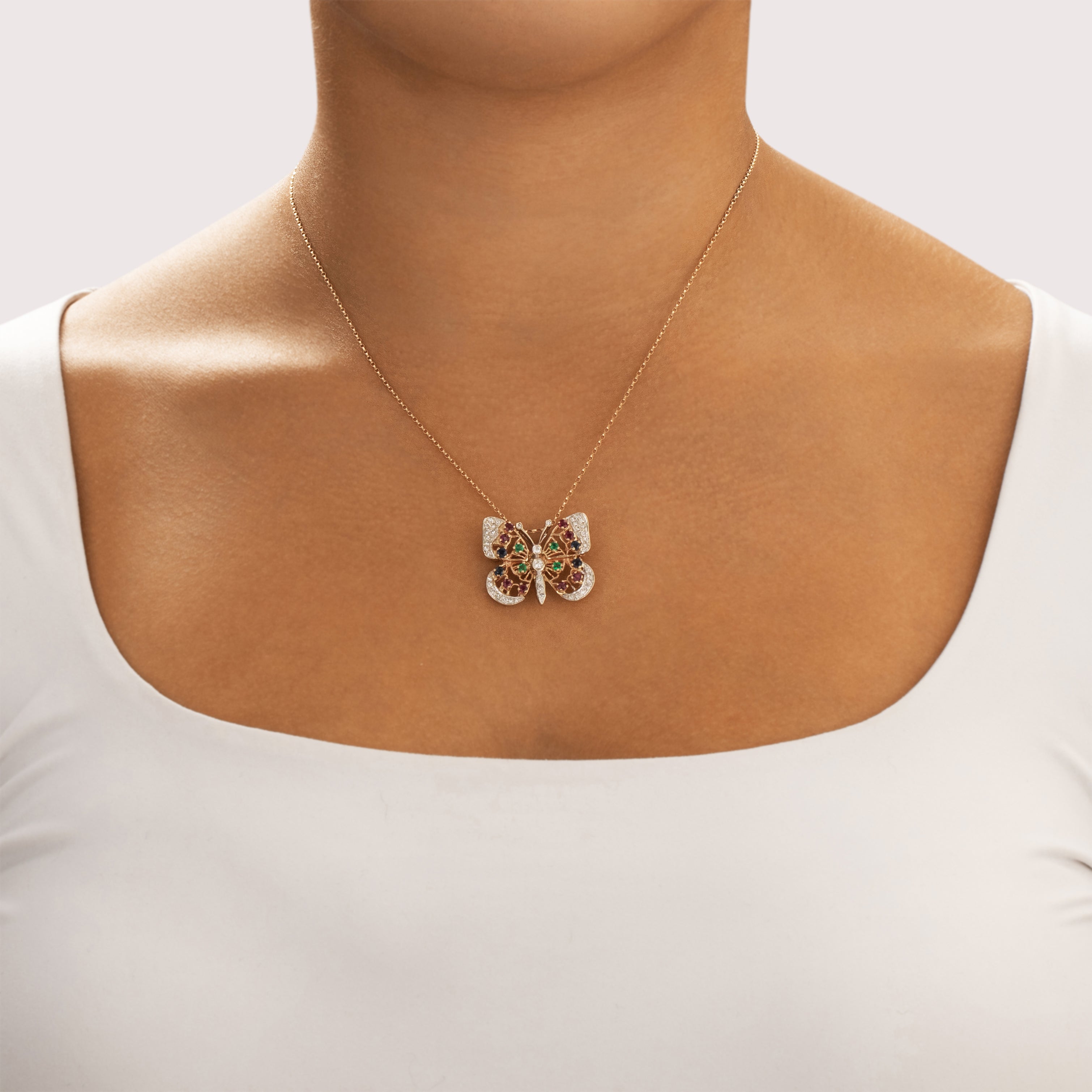 Vintage 14k Yellow & White Gold Ruby Diamond Blue Sapphire Emerald Spectacular Fluttering Butterfly Pin / Pendant - On model view