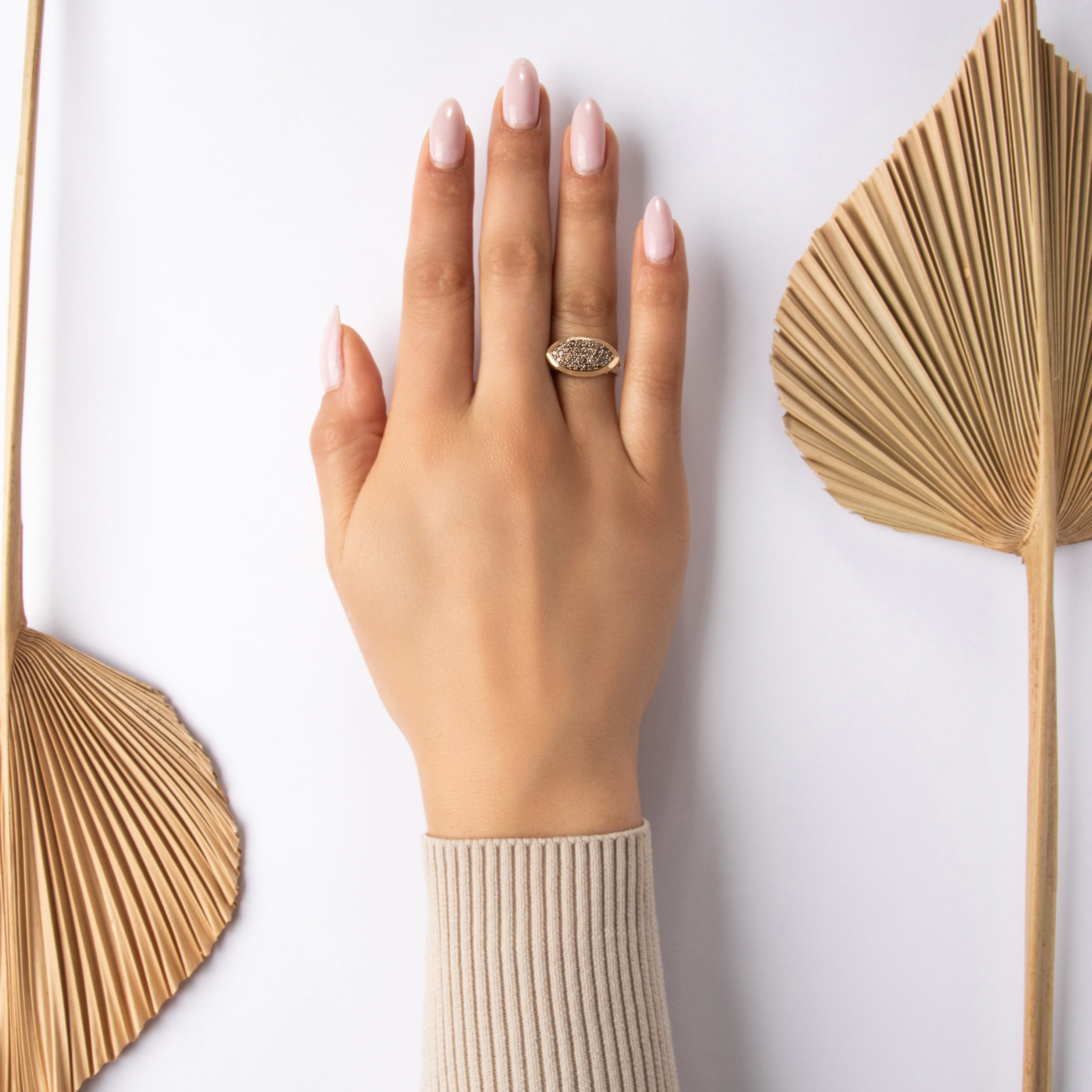 Vintage Substantial 14k Yellow Gold .96cttw Chocolate Diamond Pavé Almond Ring - On model view