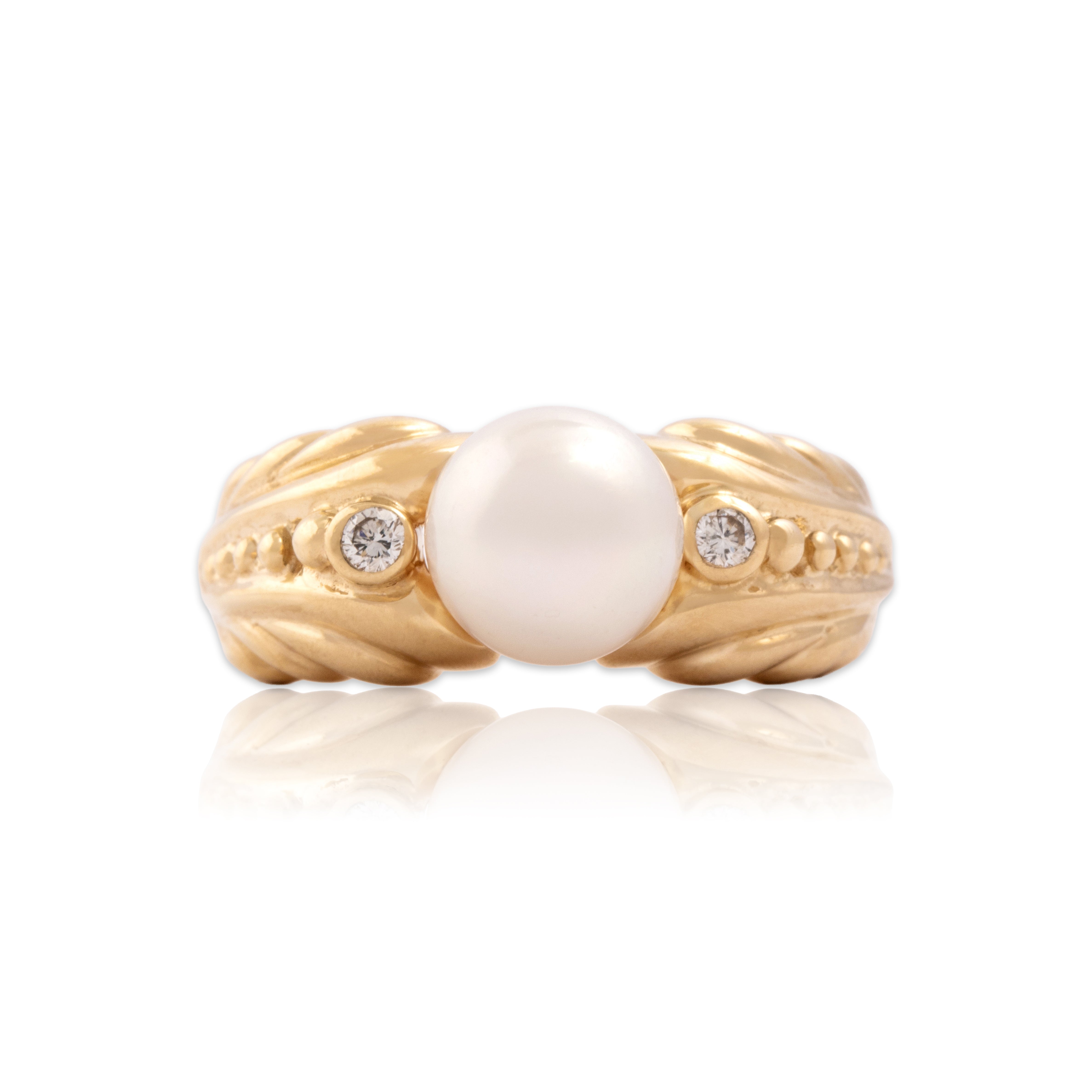 Vintage 14k Yellow Gold Pearl Diamond Bold Sculptural Shoulder Ring - Close-up view