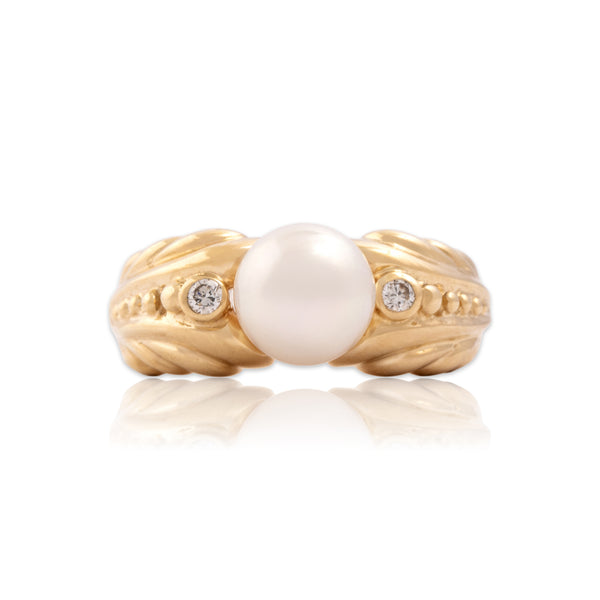 Vintage 14k Yellow Gold Pearl Diamond Bold Sculptural Shoulder Ring 8.00