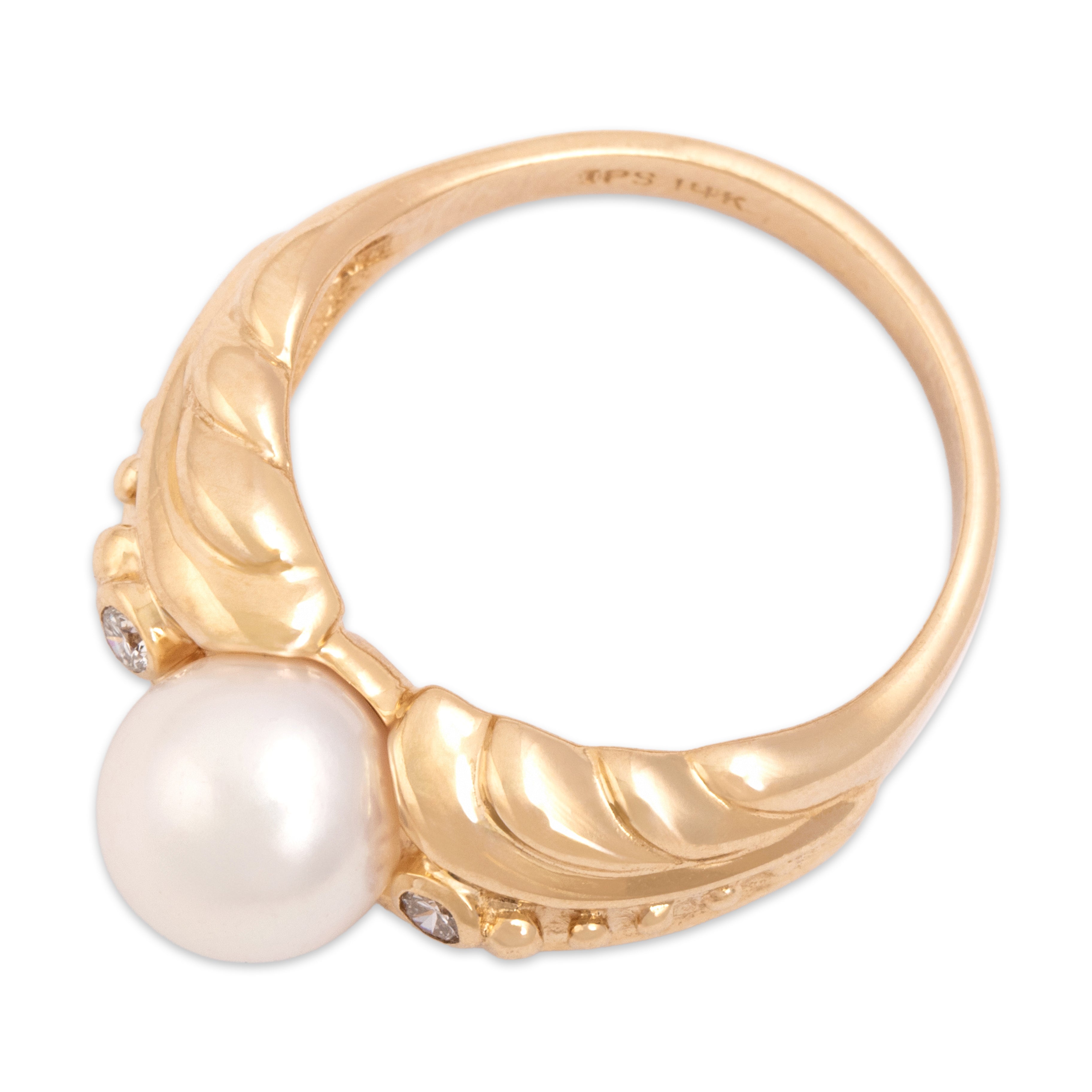 Vintage 14k Yellow Gold Pearl Diamond Bold Sculptural Shoulder Ring - Overall view