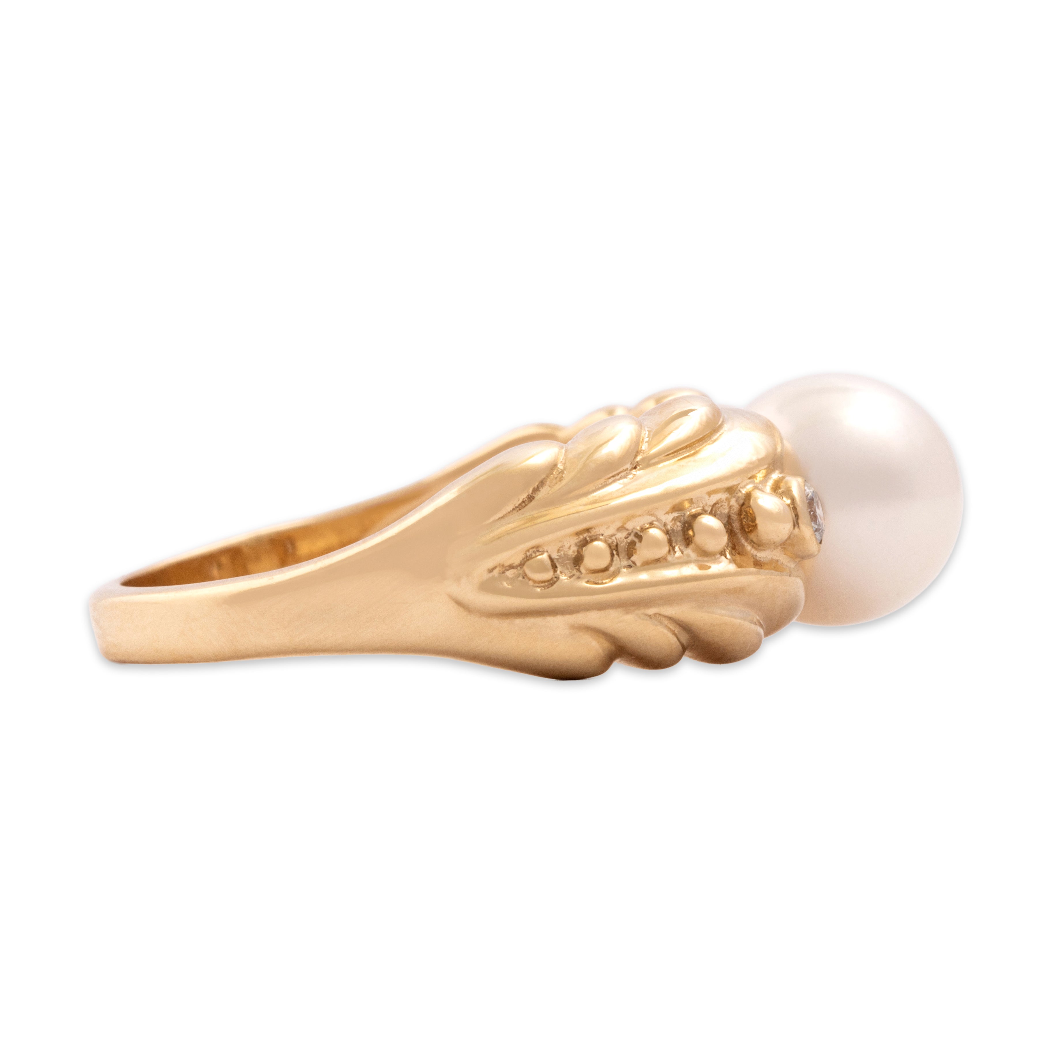 Vintage 14k Yellow Gold Pearl Diamond Bold Sculptural Shoulder Ring - Side view