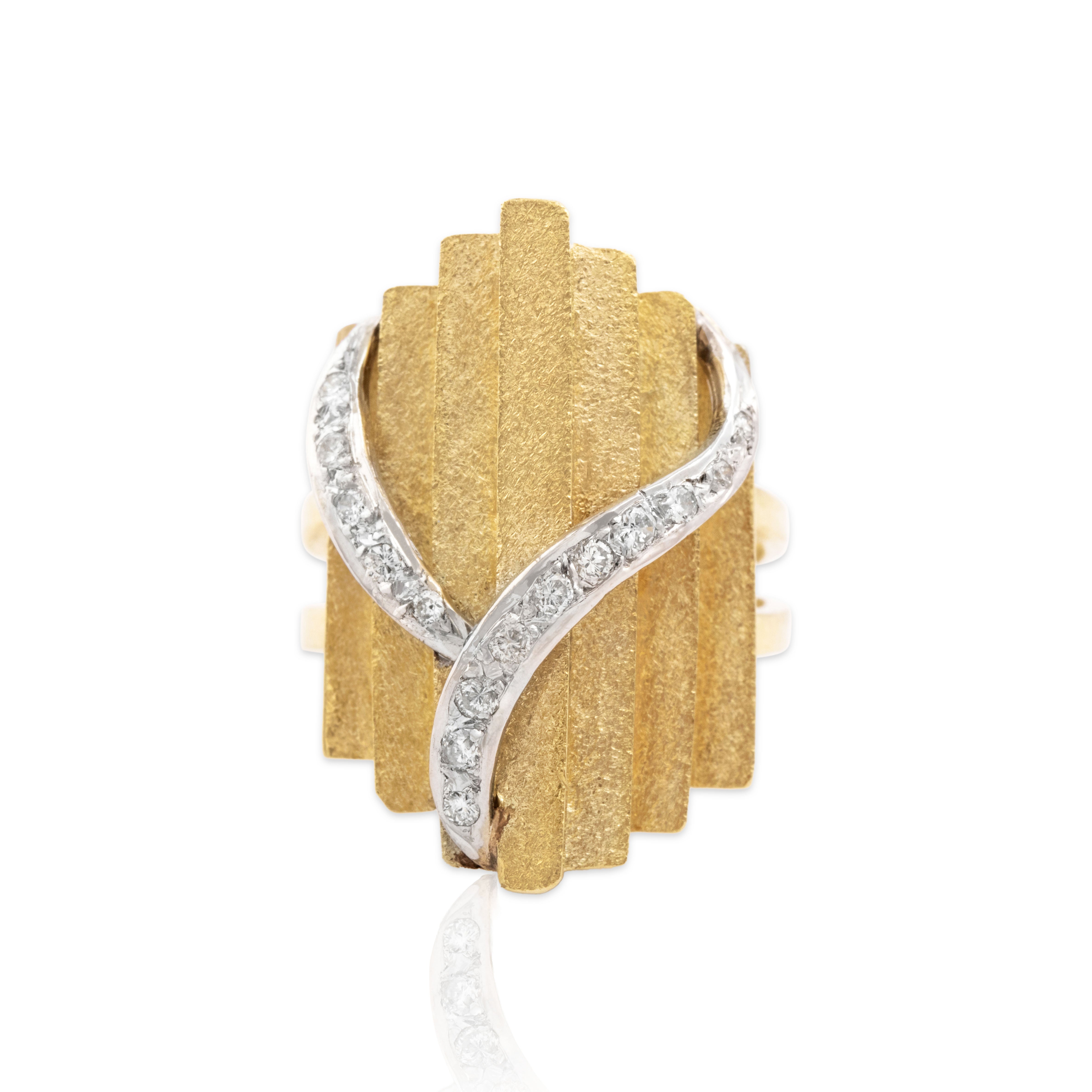 Vintage Large 14k Yellow & White Gold Diamond Glittering Brutalist Bar Ring 6.50