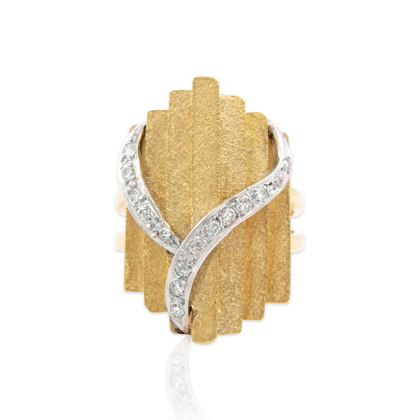 Vintage Large 14k Yellow & White Gold Diamond Glittering Brutalist Bar Ring 6.50