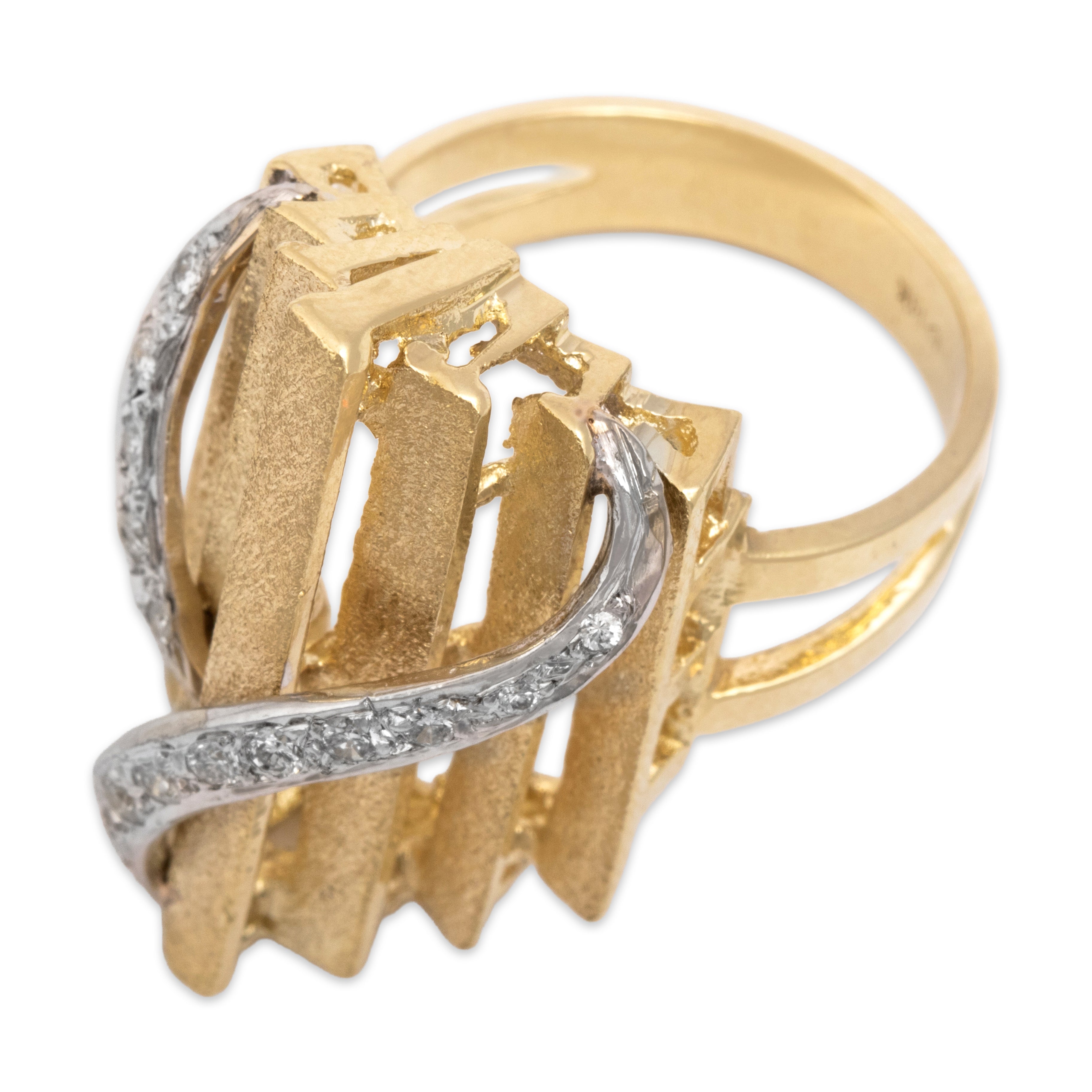 Vintage Large 14k Yellow & White Gold Diamond Glittering Brutalist Bar Ring - Overall view