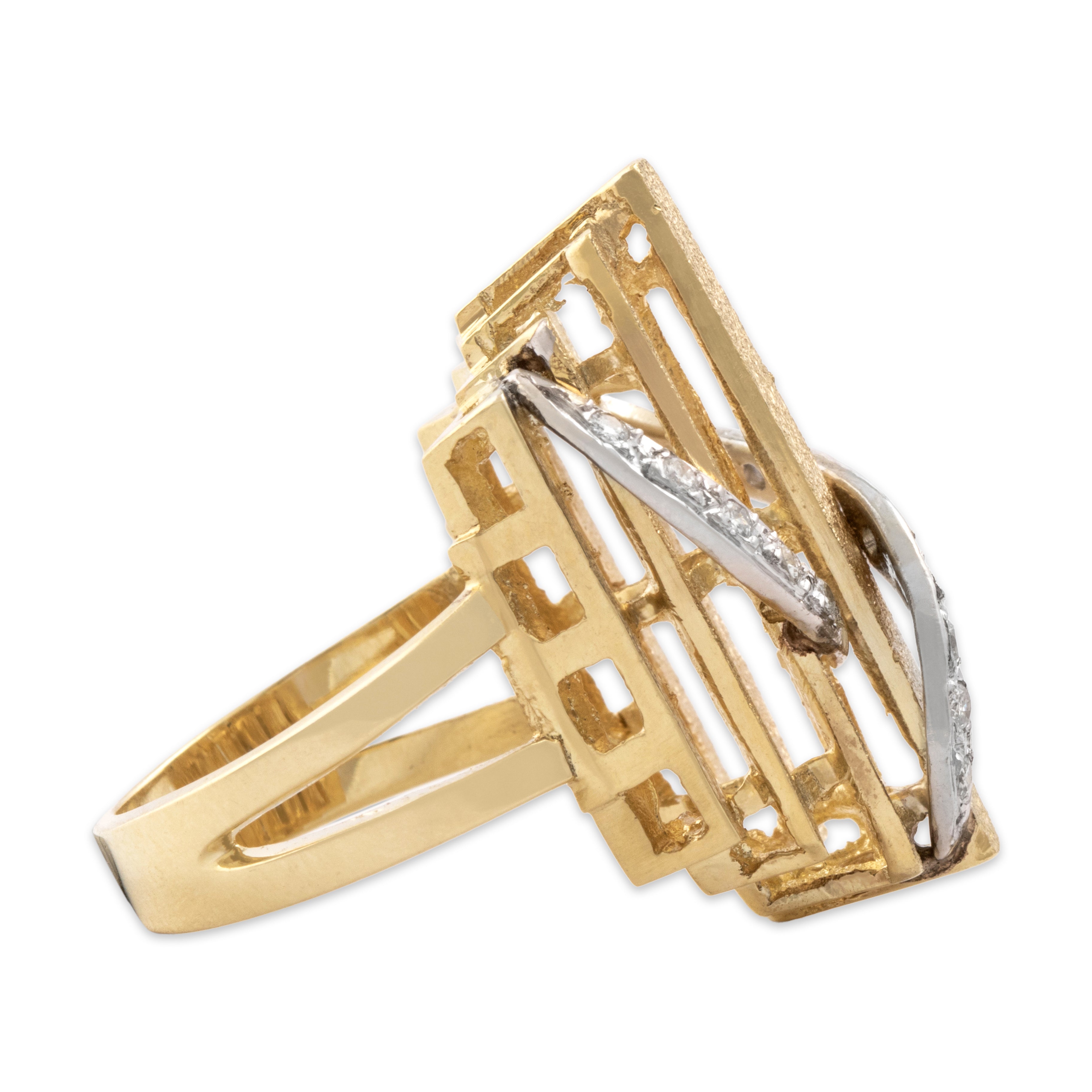 Vintage Large 14k Yellow & White Gold Diamond Glittering Brutalist Bar Ring - Side view