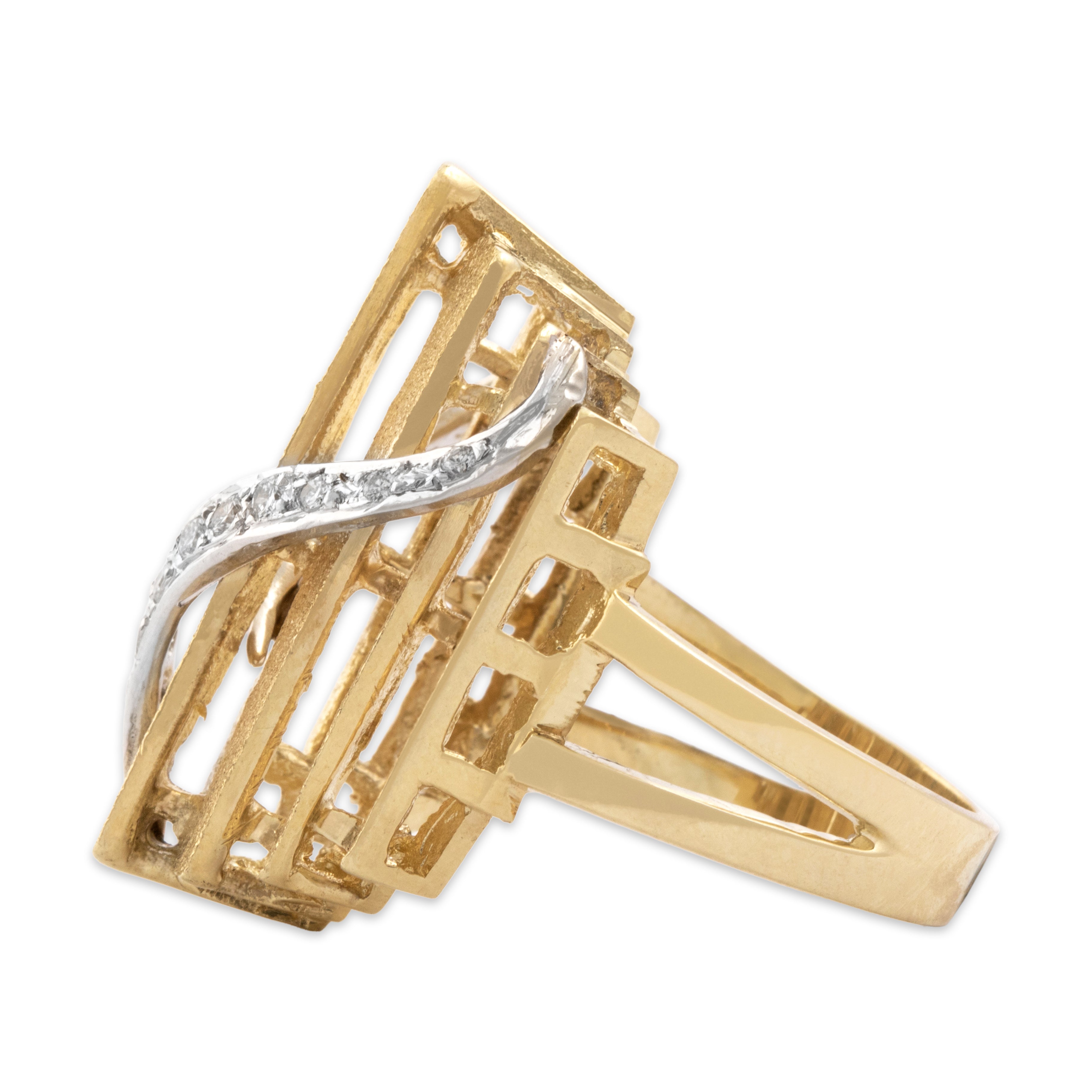 Vintage Large 14k Yellow & White Gold Diamond Glittering Brutalist Bar Ring - Side view