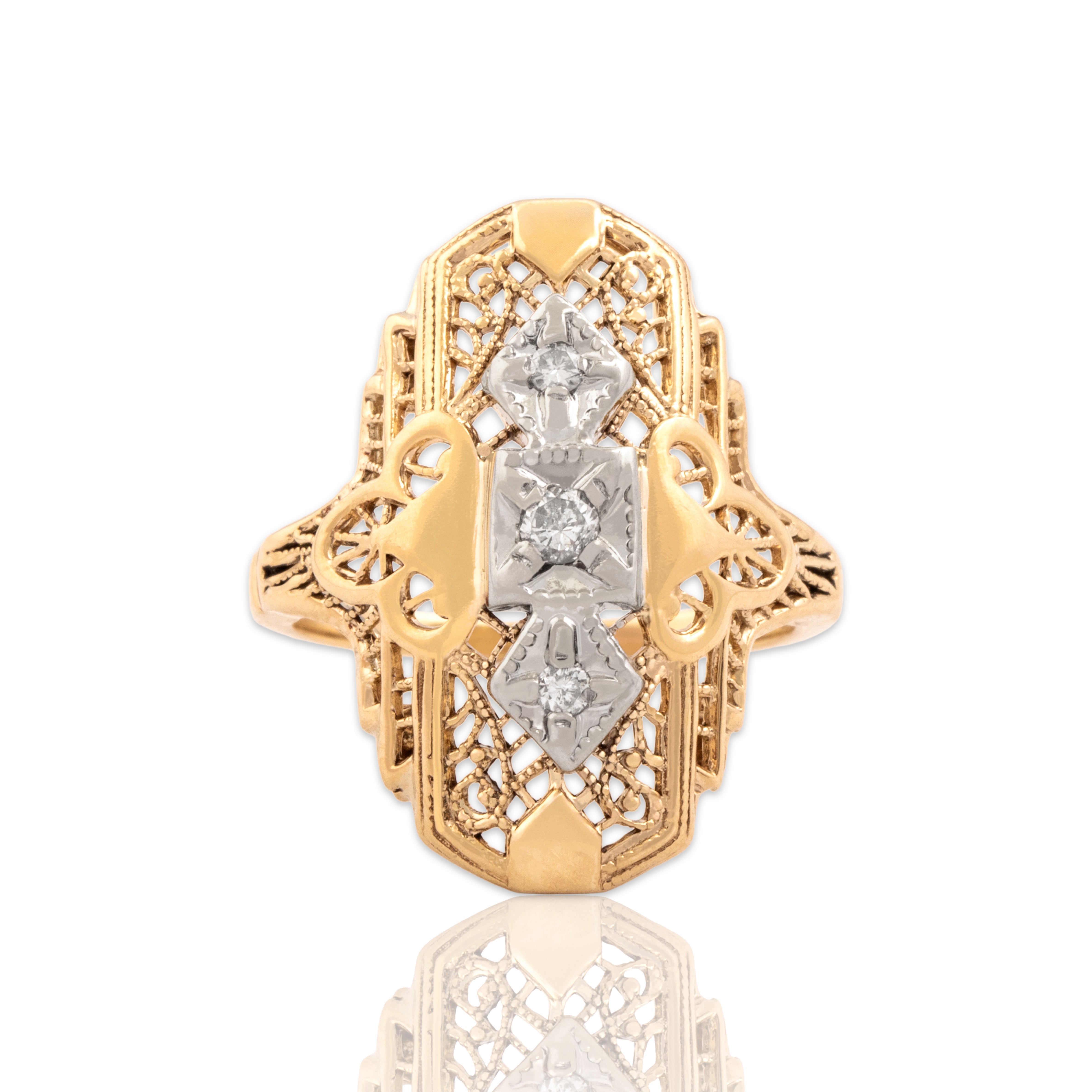 Vintage 10k Yellow & White Gold Diamond Milgrain-Detail Filigree Ring 5.00
