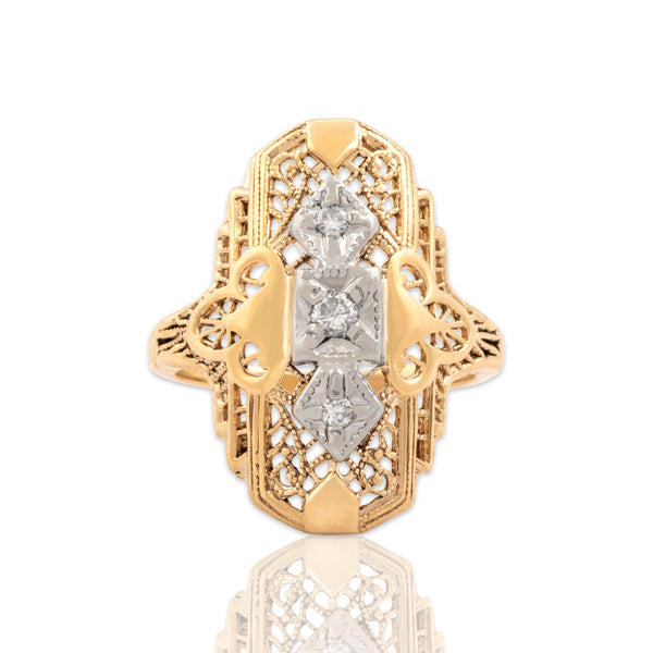 Vintage 10k Yellow & White Gold Diamond Milgrain-Detail Filigree Ring 5.00