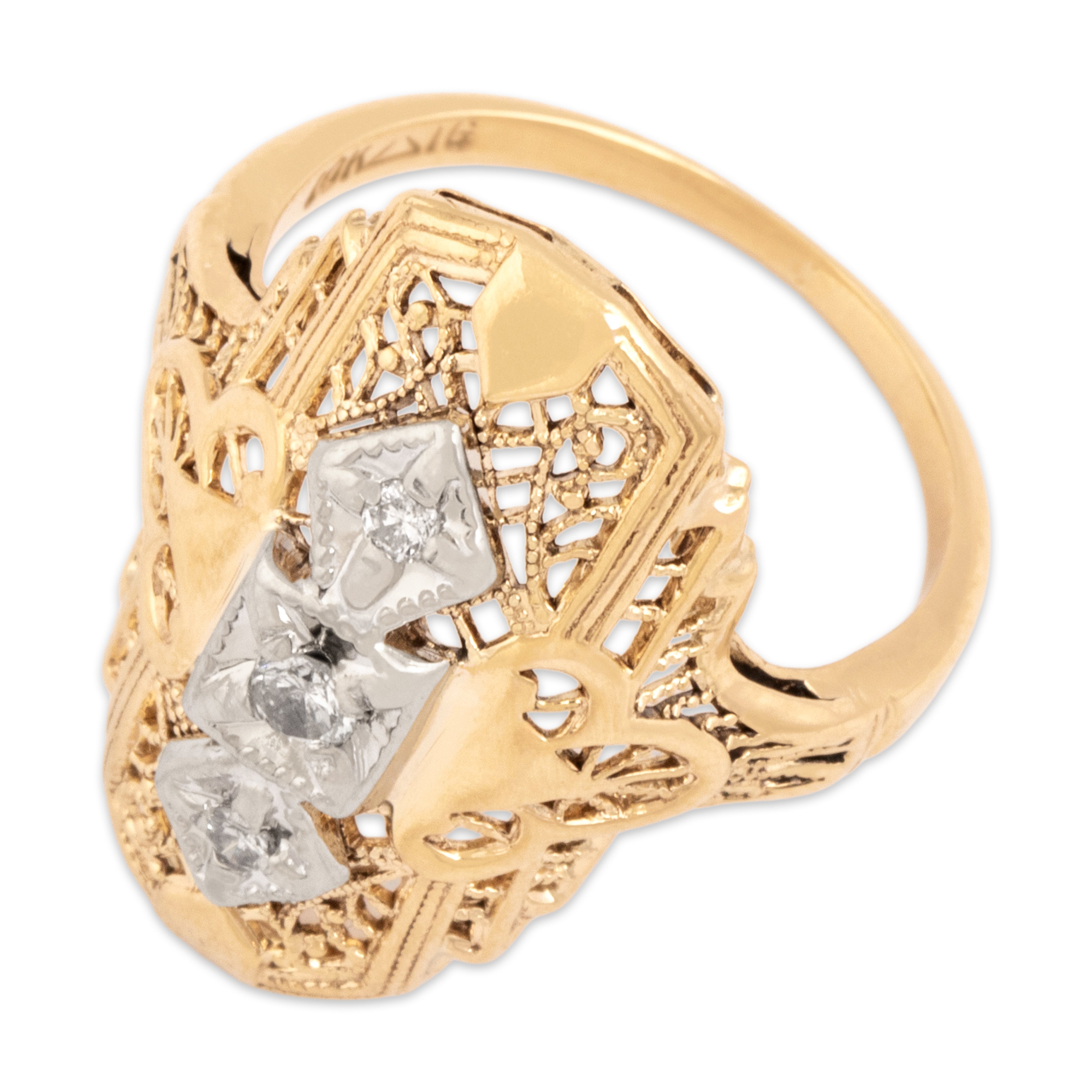 Vintage 10k Yellow & White Gold Diamond Milgrain-Detail Filigree Ring 5.00