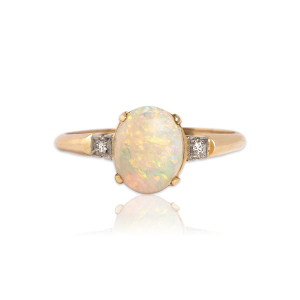 Vintage 14k Yellow Gold 1.74ct Opal Diamond Iridescent Cabochon Ring 10.50
