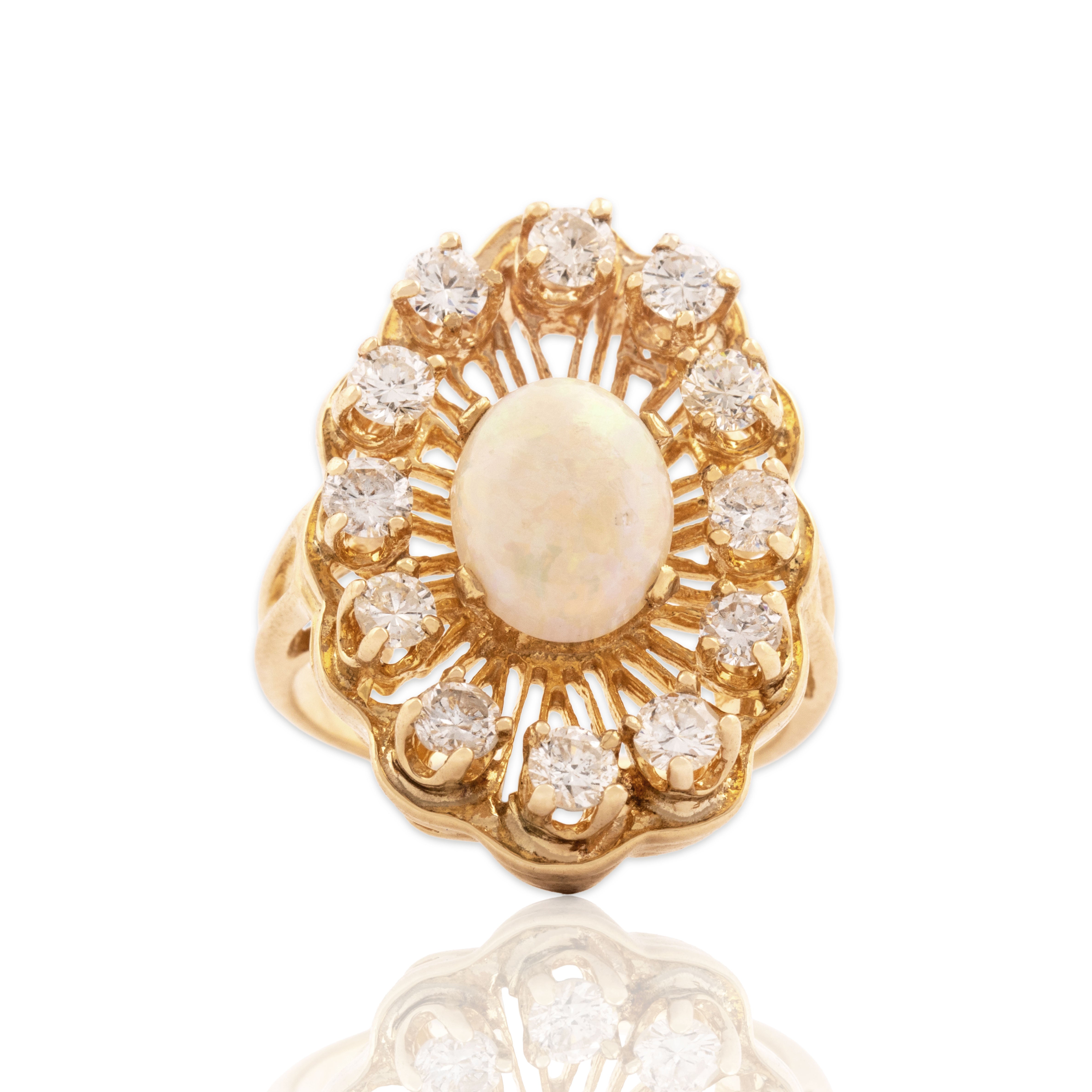Vintage 14k Yellow Gold 1.27ct Opal .94cttw Diamond Scalloped Halo Ring 5.50