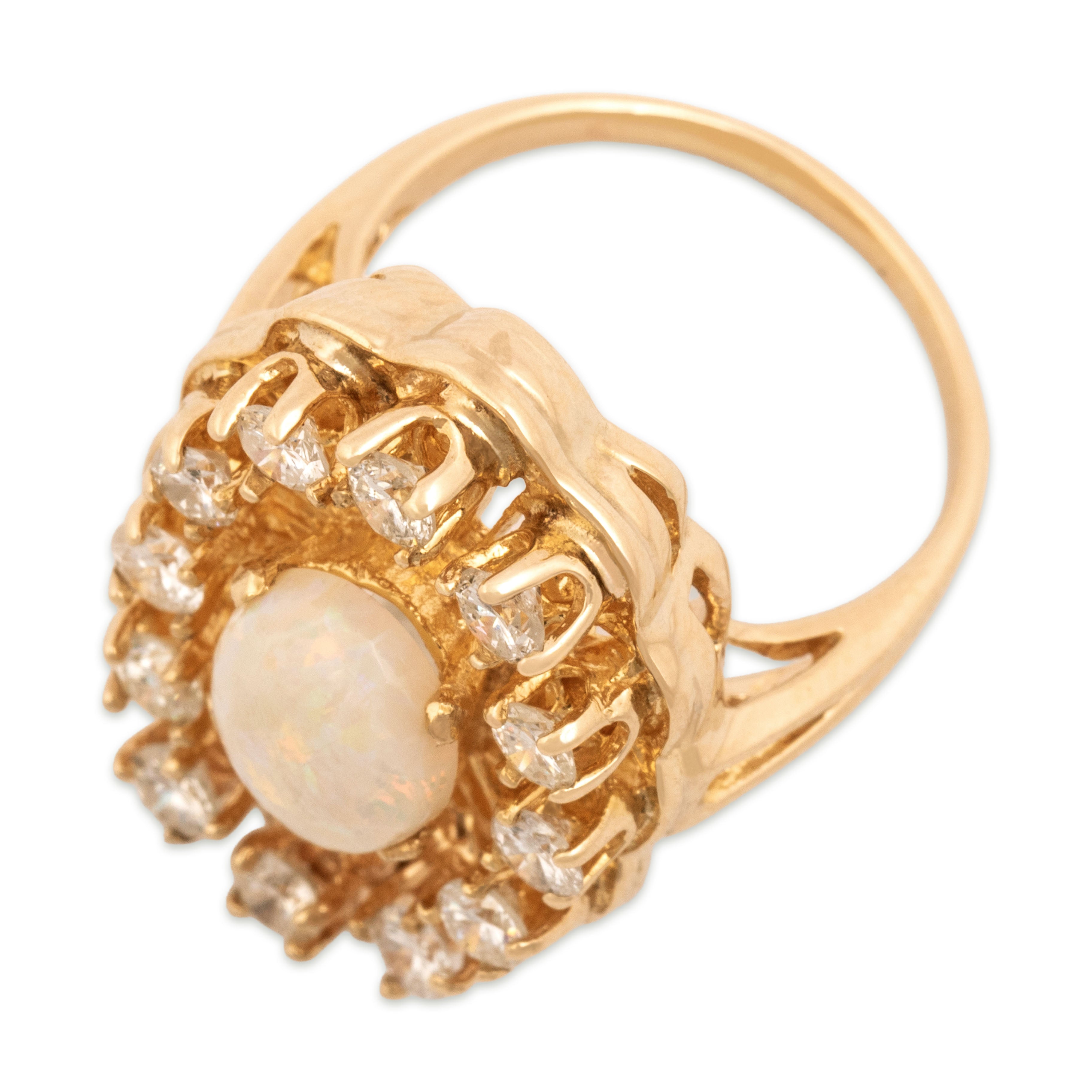 Vintage 14k Yellow Gold 1.27ct Opal .94cttw Diamond Scalloped Halo Ring 5.50