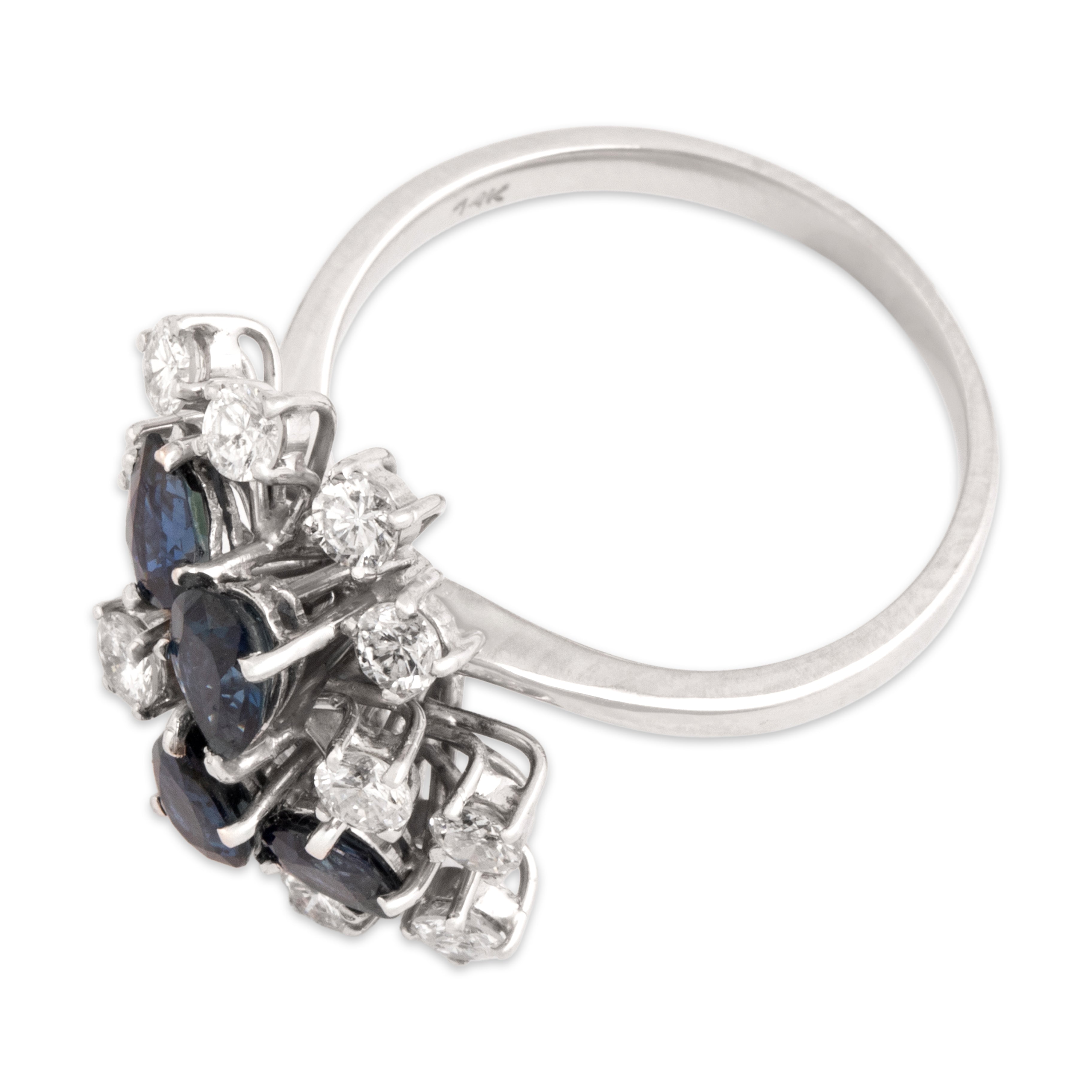 Vintage 14k White Gold 1.01cttw Blue Sapphire .95cttw Diamond Dynamic Waterfall Cluster Ring - Overall view