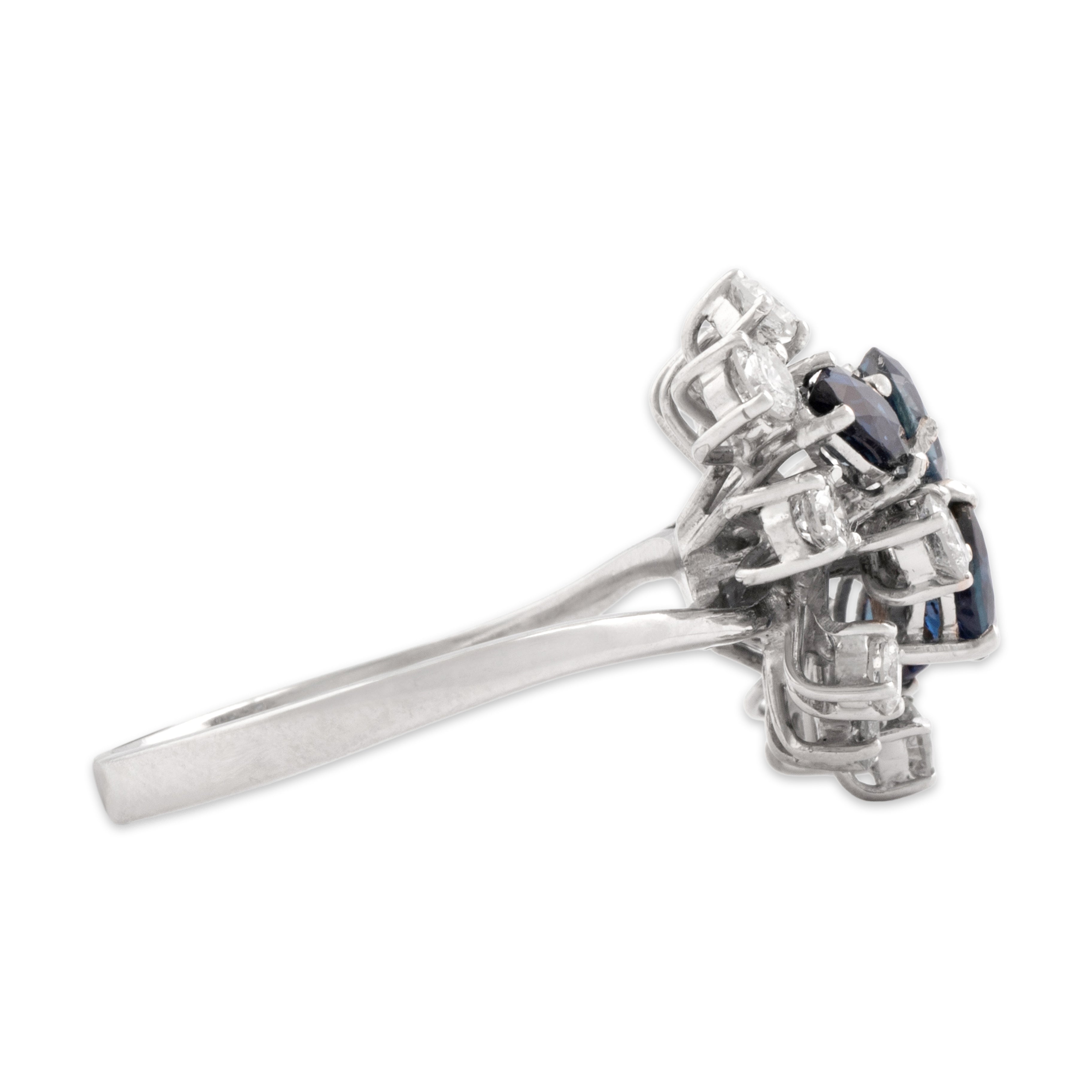 Vintage 14k White Gold 1.01cttw Blue Sapphire .95cttw Diamond Dynamic Waterfall Cluster Ring - Side view
