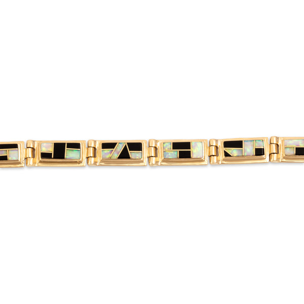 Vintage 14k Yellow Gold Opal Onyx Funky Geometric Inlay Link Bracelet 6.5