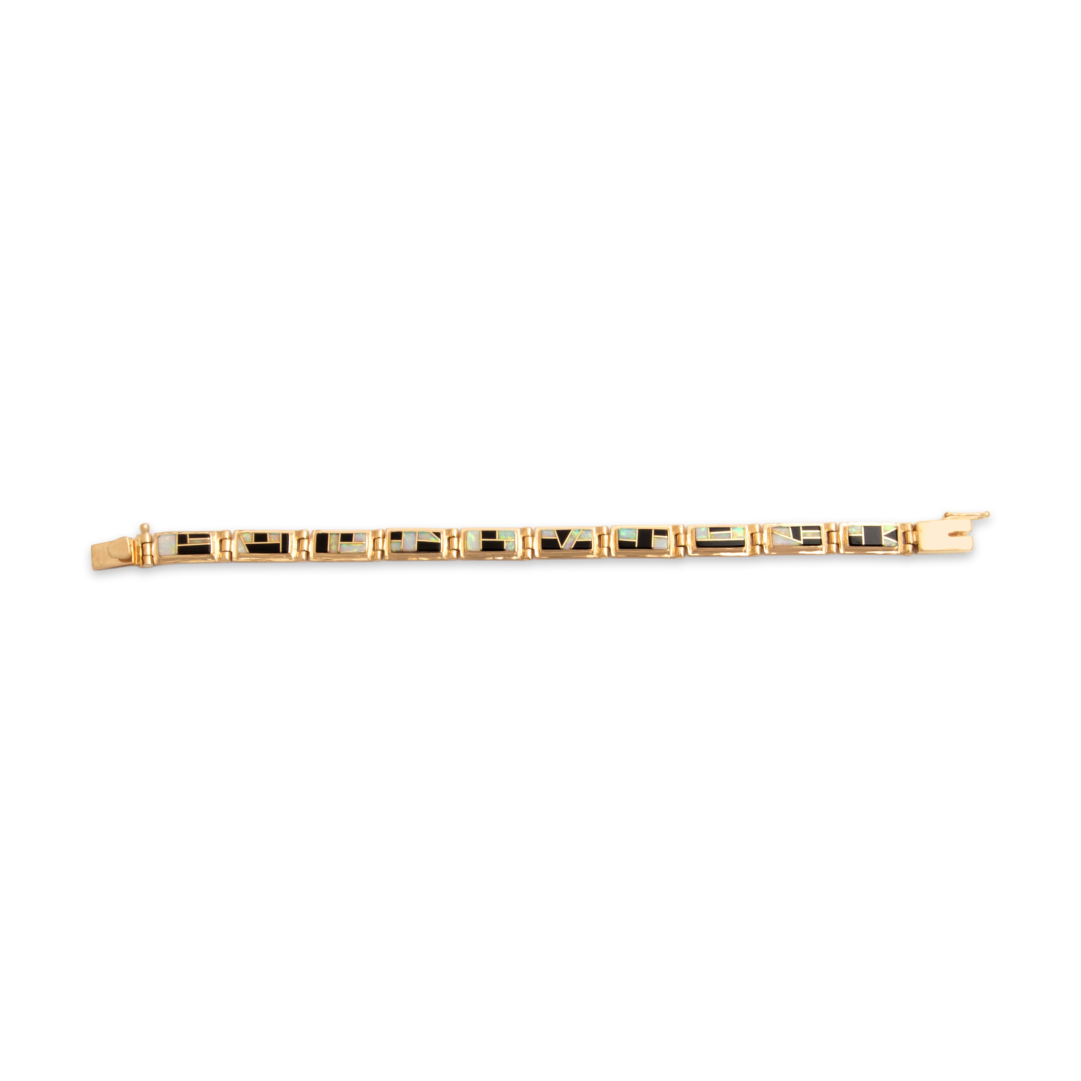 Vintage 14k Yellow Gold Opal Onyx Funky Geometric Inlay Bracelet - Overall view