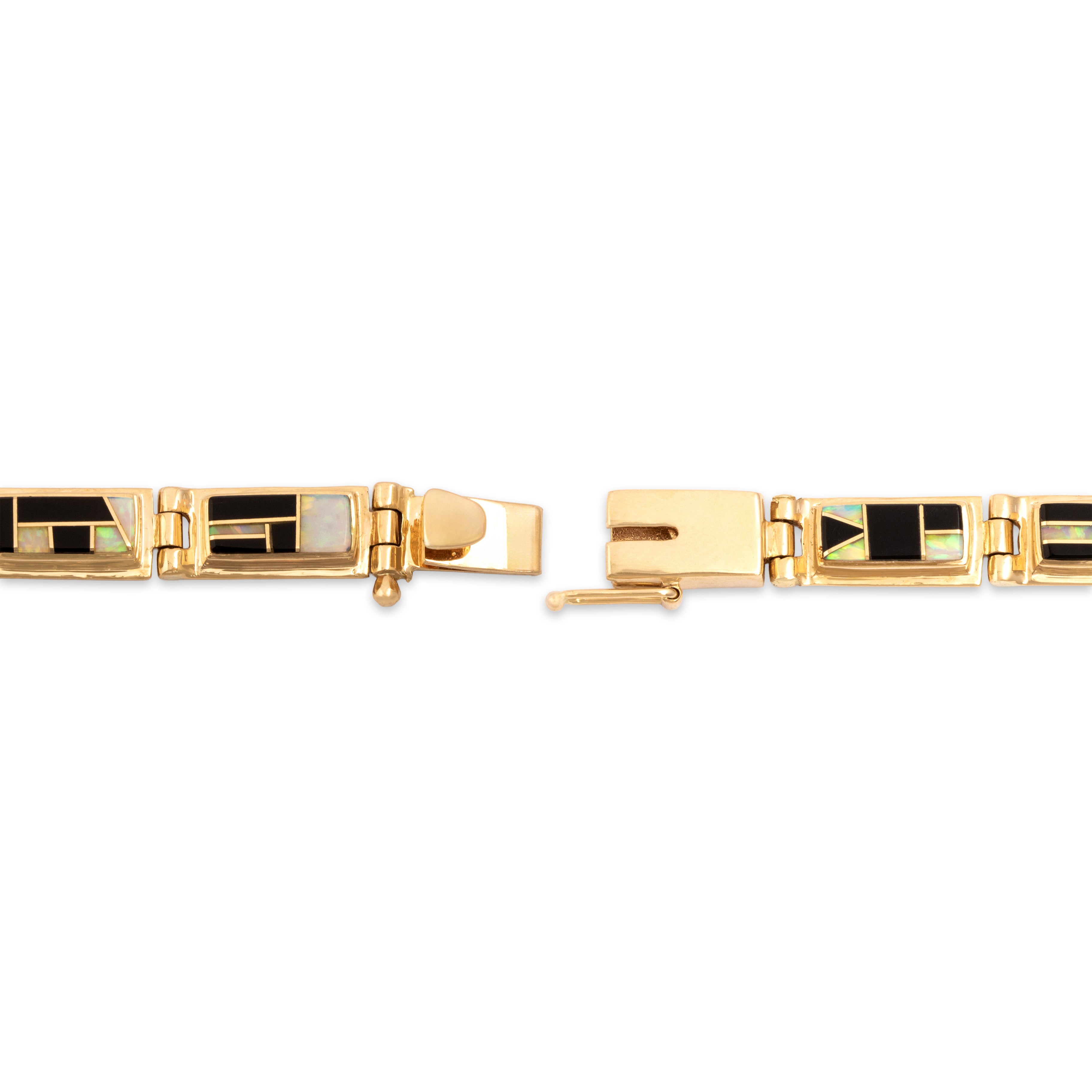 Vintage 14k Yellow Gold Opal Onyx Funky Geometric Inlay Bracelet - clasp view