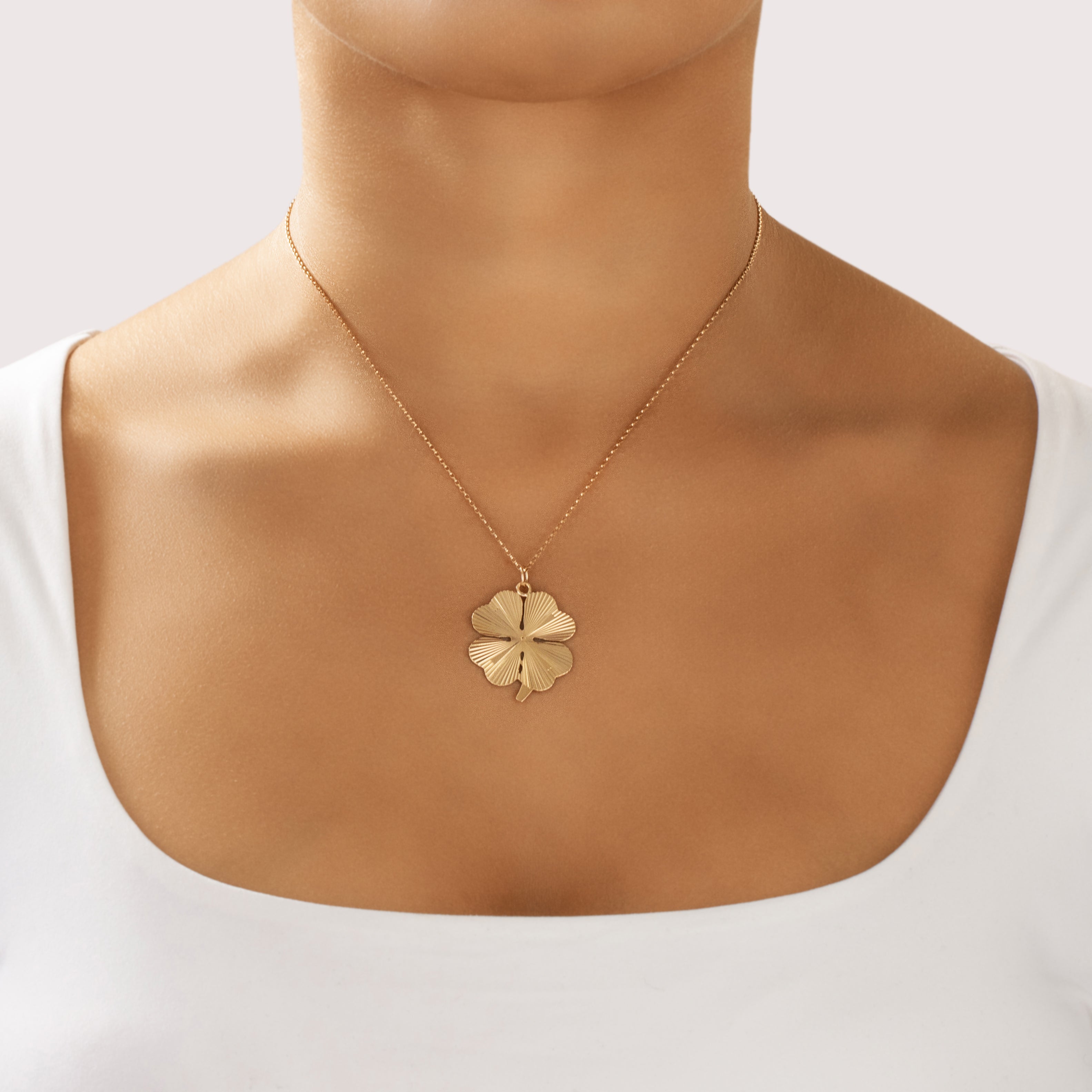 Vintage Large 14k Yellow Gold Engine-Turned Lucky Clover Charm / Pendant - On model view
